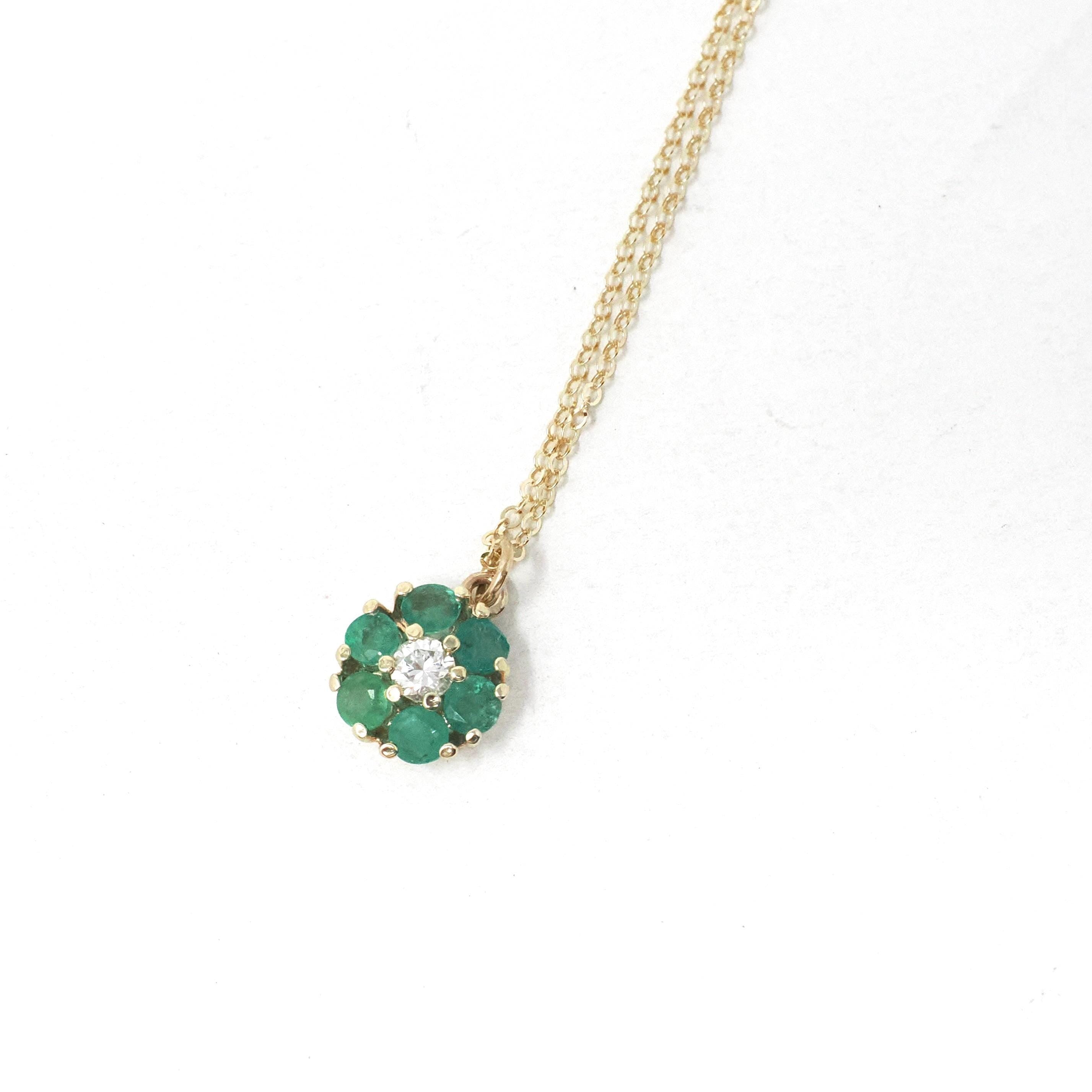 Floral Halo Necklace - Modern 14k Yellow Gold Natural .16 CT Diamond & Emerald Gemstones - Circa 1990s Petite Flower Pendant Fine Jewelry