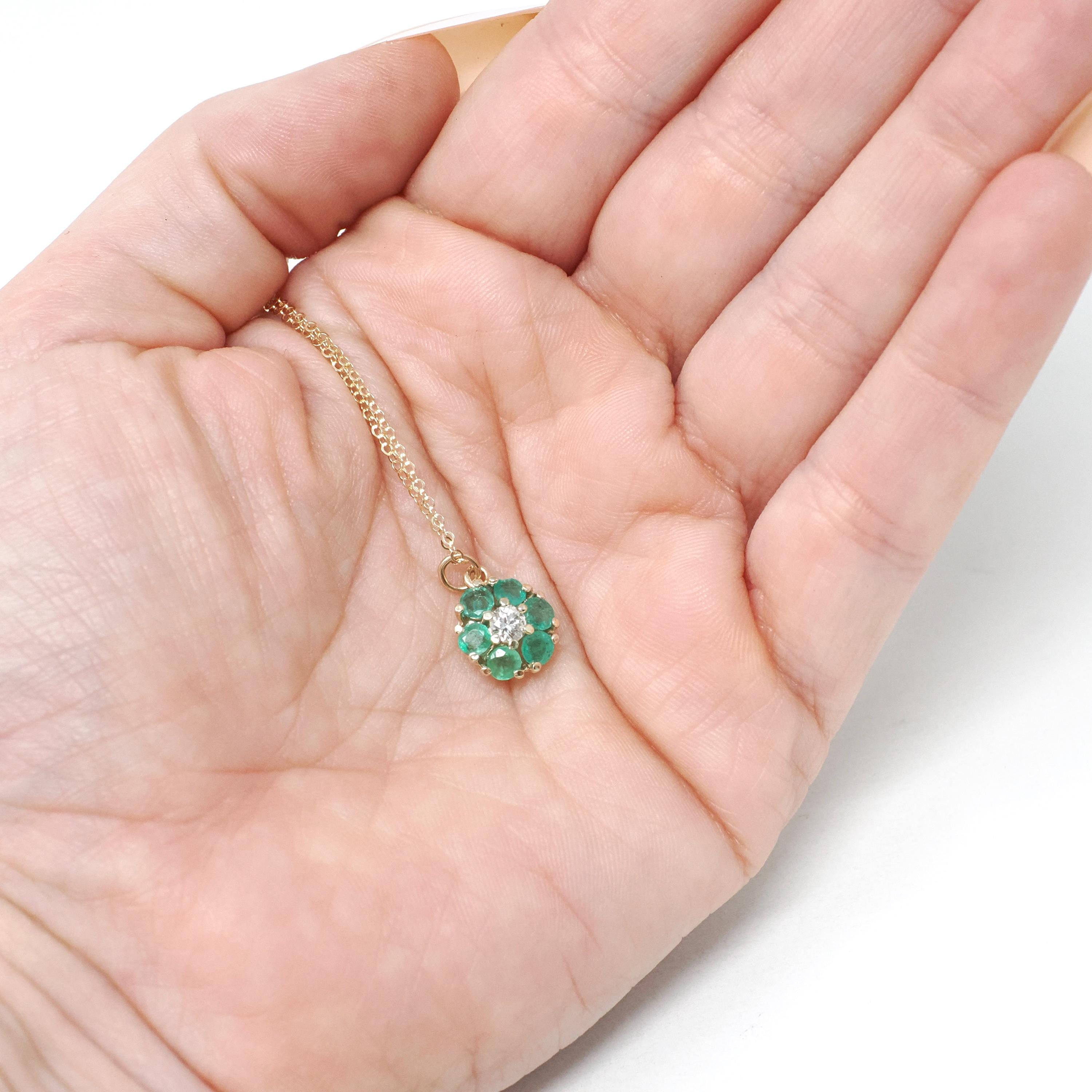 Floral Halo Necklace - Modern 14k Yellow Gold Natural .16 CT Diamond & Emerald Gemstones - Circa 1990s Petite Flower Pendant Fine Jewelry