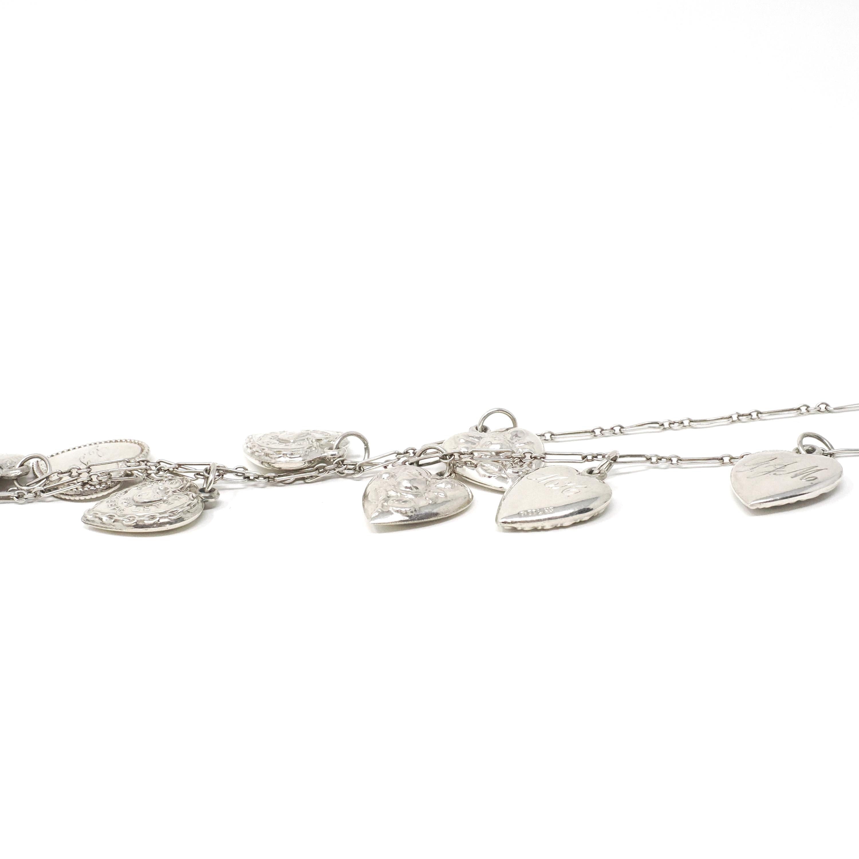 Forget Me Not Charm Necklace - Mid Century Sterling Silver Puffy Heart Pendants - Circa 1940s Repousse Designs Engraved Remembrance Jewelry