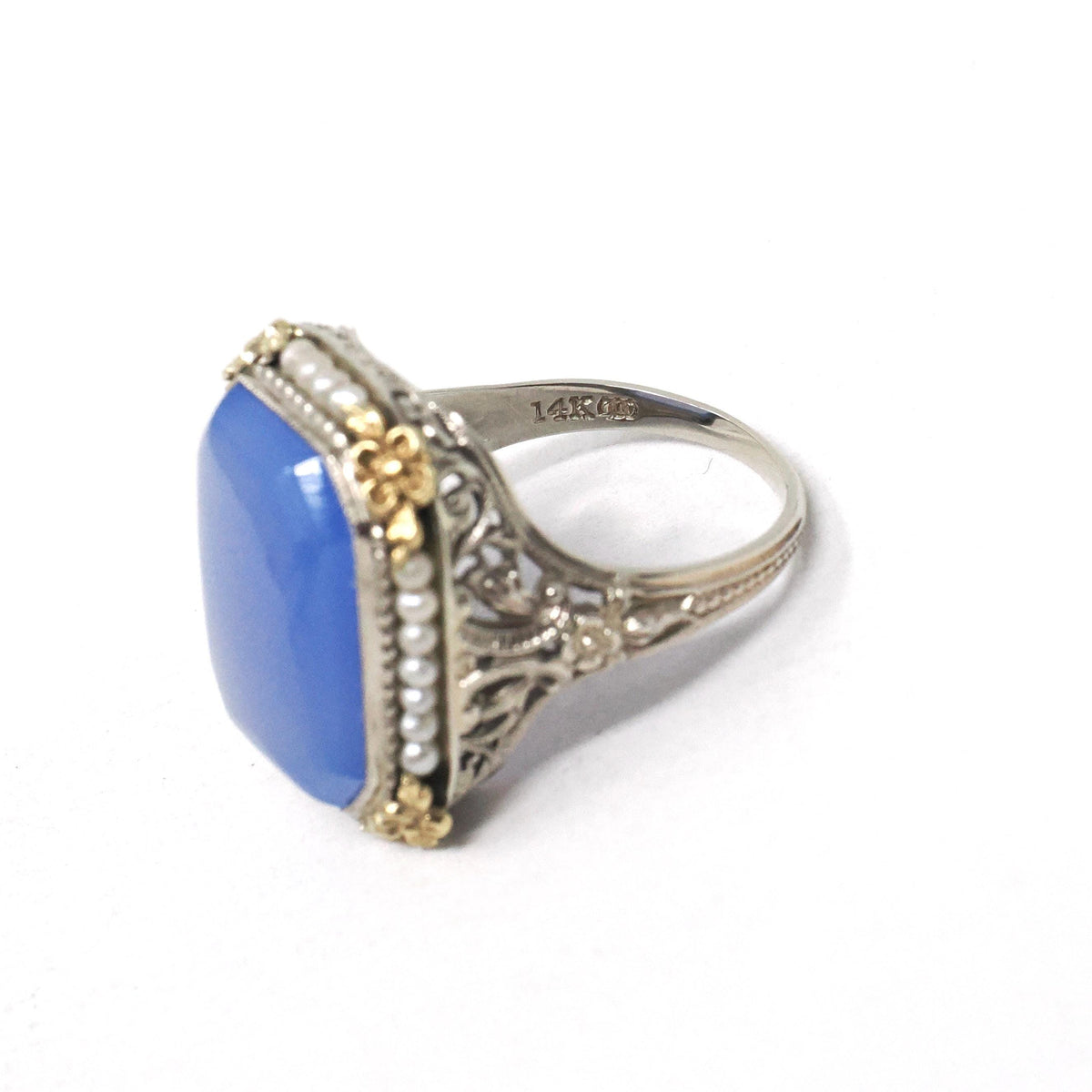 Art Deco Ring - Vintage 14k Yellow & White Gold Lavender Dyed Chalcedony Gemstone - Circa 1930s Size 5 3/4 Filigree Seed Pearl Fine Jewelry