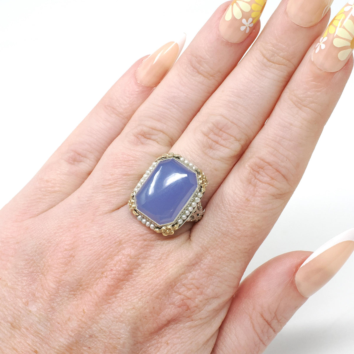Art Deco Ring - Vintage 14k Yellow & White Gold Lavender Dyed Chalcedony Gemstone - Circa 1930s Size 5 3/4 Filigree Seed Pearl Fine Jewelry