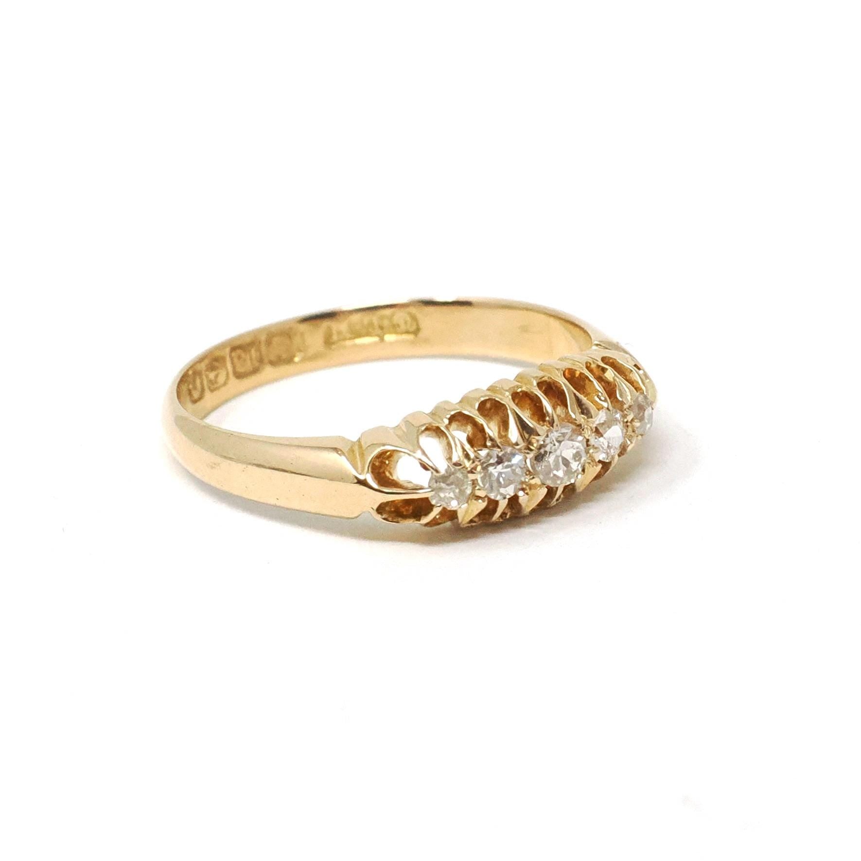 Antique Diamond Band - Edwardian 18k Yellow Gold Natural 5 Stone .13 CTW Ring - Circa 1910s Birmingham England Size 6 Fine Bridal Jewelry