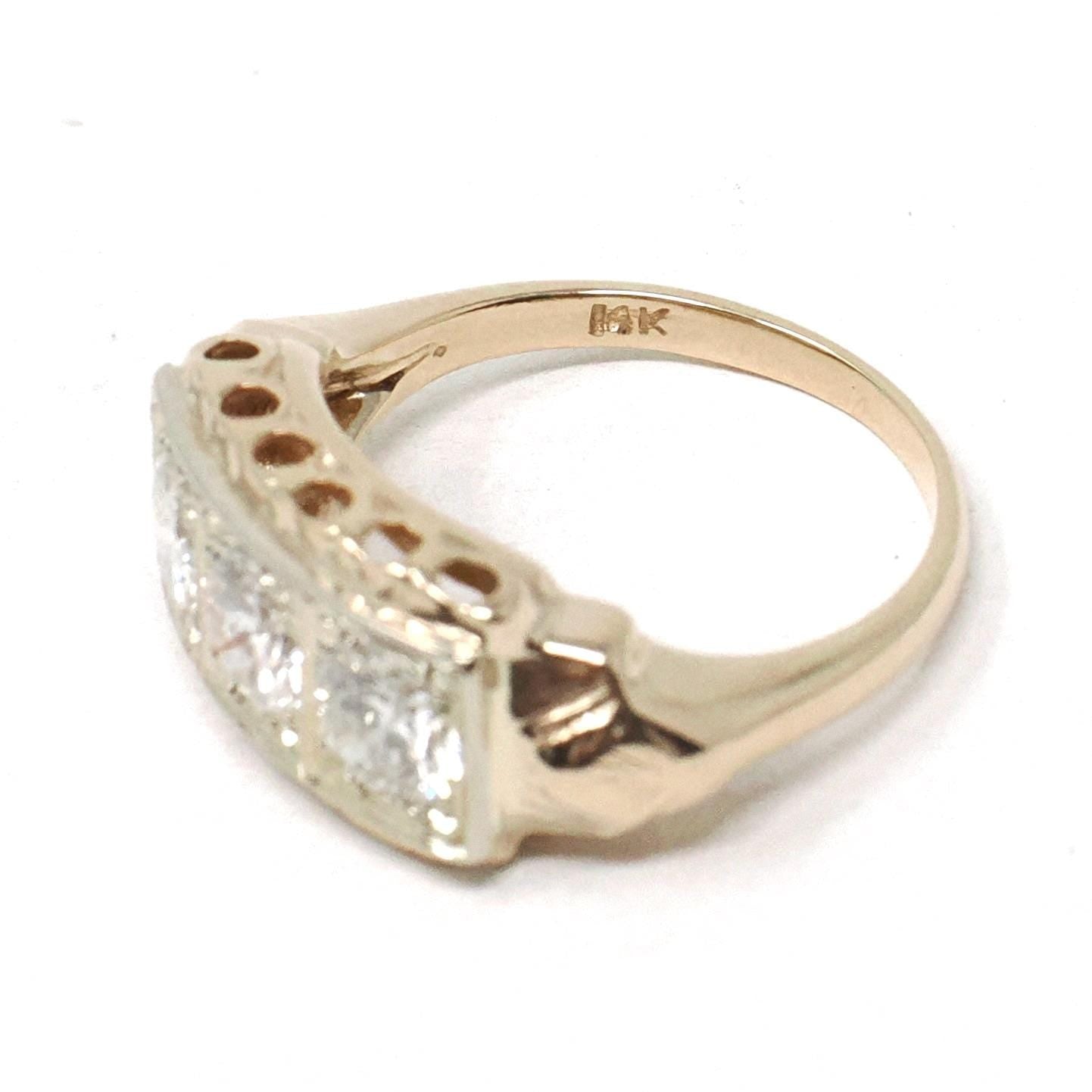 Vintage Diamond Ring - 14k Yellow Gold Three Stone Anniversary Band - Mid Century Circa 1940s Size 4 3/4 Cocktail 1.05 CTW Fine Jewelry