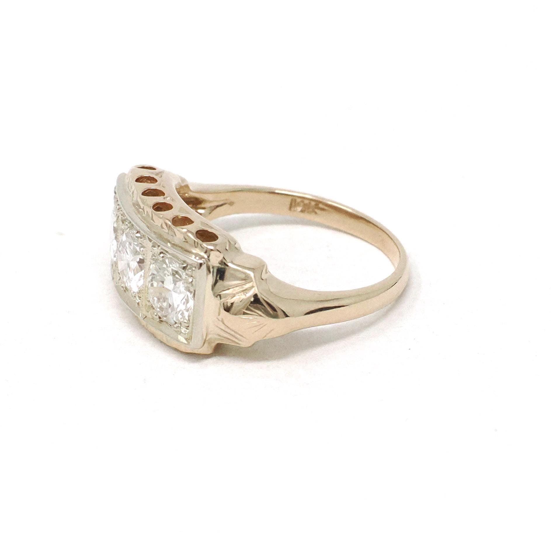 Vintage Diamond Ring - 14k Yellow Gold Three Stone Anniversary Band - Mid Century Circa 1940s Size 4 3/4 Cocktail 1.05 CTW Fine Jewelry