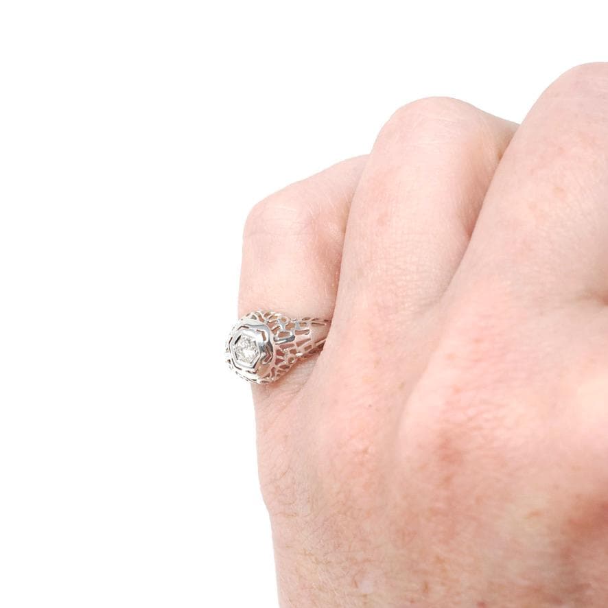 Vintage Diamond Ring - Art Deco 18k White Gold Natural .10 CT Solitaire Engagement - Circa 1930s Size 3 3/4 Hexagonal Filigree Fine Jewelry