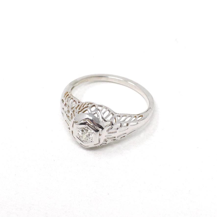 Vintage Diamond Ring - Art Deco 18k White Gold Natural .10 CT Solitaire Engagement - Circa 1930s Size 3 3/4 Hexagonal Filigree Fine Jewelry