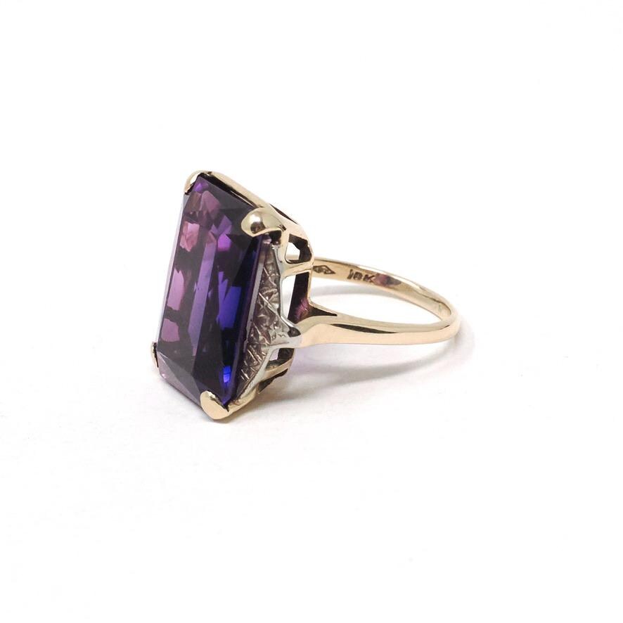 Created Color Change Sapphire Ring - Mid Century 10k Yellow & White Gold French Cut Purple Blue Gem - 1940s Era Size 6 1/4 Fine Jewelry