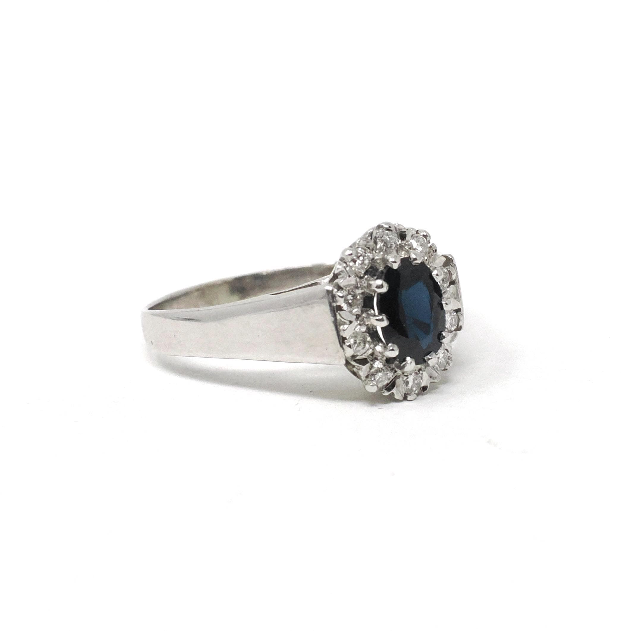Sapphire & Diamond Halo Ring - 9k White Gold Oval Blue Gemstone Engagement - Dated 1979 Retro Era Size 9 1/4 Fine Hallmarked Bridal Jewelry