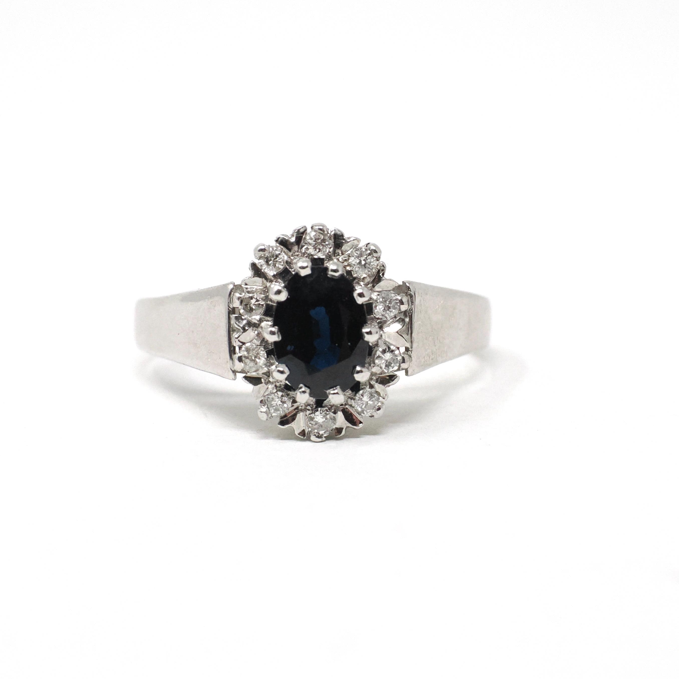 Sapphire & Diamond Halo Ring - 9k White Gold Oval Blue Gemstone Engagement - Dated 1979 Retro Era Size 9 1/4 Fine Hallmarked Bridal Jewelry