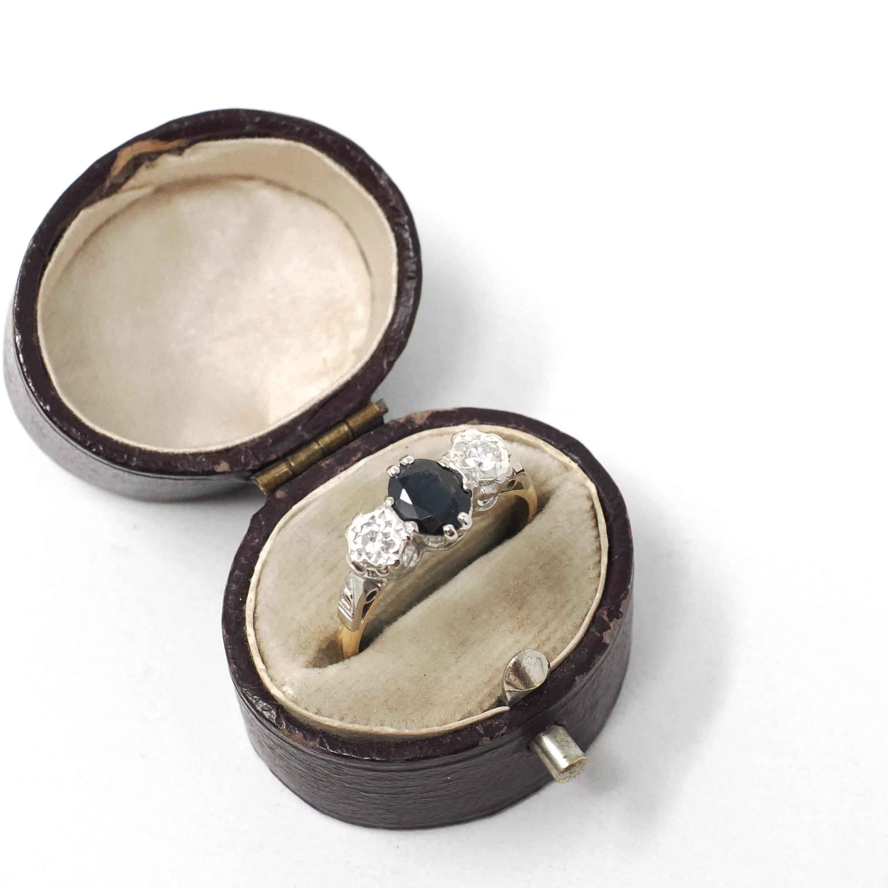 Vintage Sapphire & Diamond Ring - Mid Century 18k Yellow Gold Platinum Natural Three Stone - Circa 1950s Size 5 3/4 Fine Anniversary Jewelry