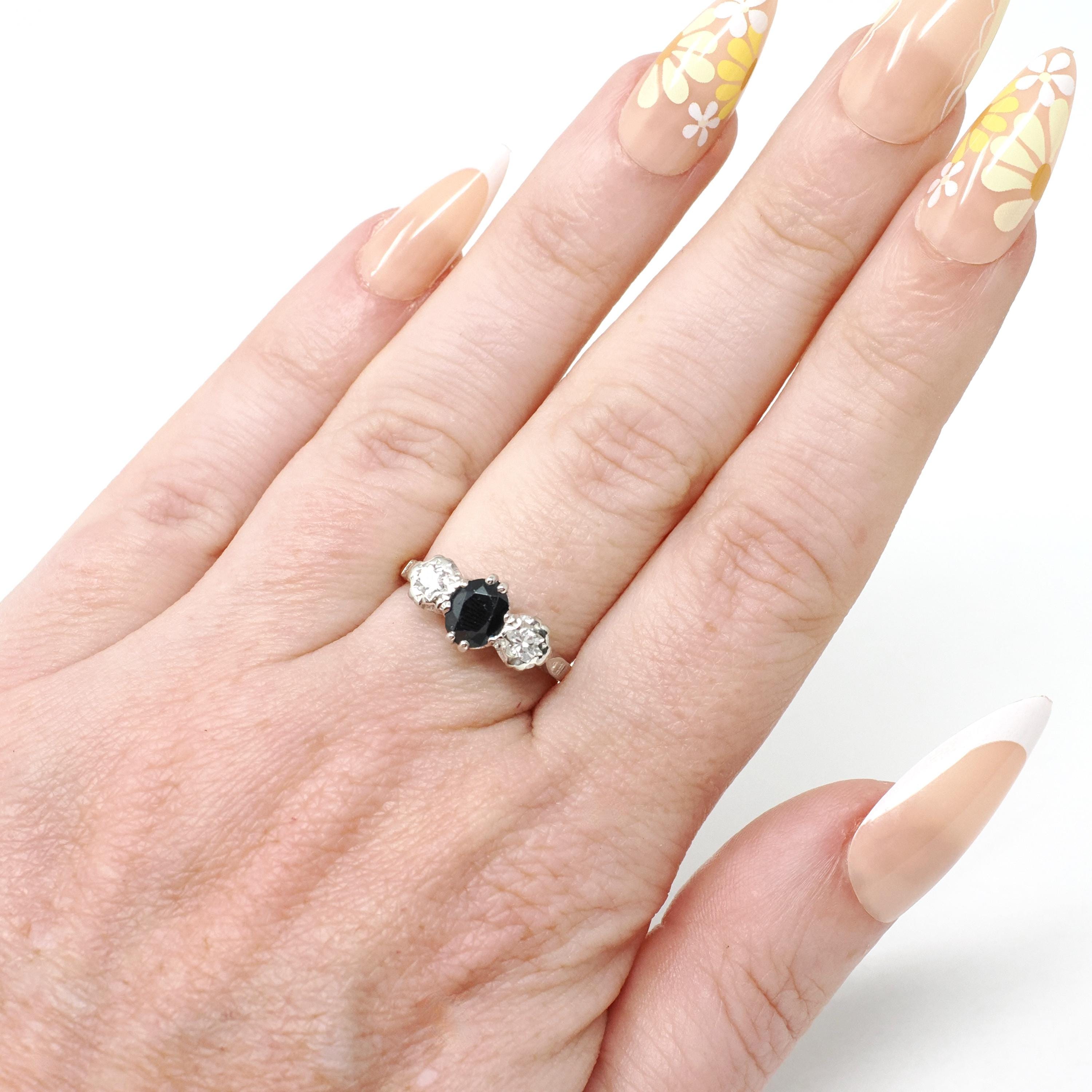 Vintage Sapphire & Diamond Ring - Mid Century 18k Yellow Gold Platinum Natural Three Stone - Circa 1950s Size 5 3/4 Fine Anniversary Jewelry
