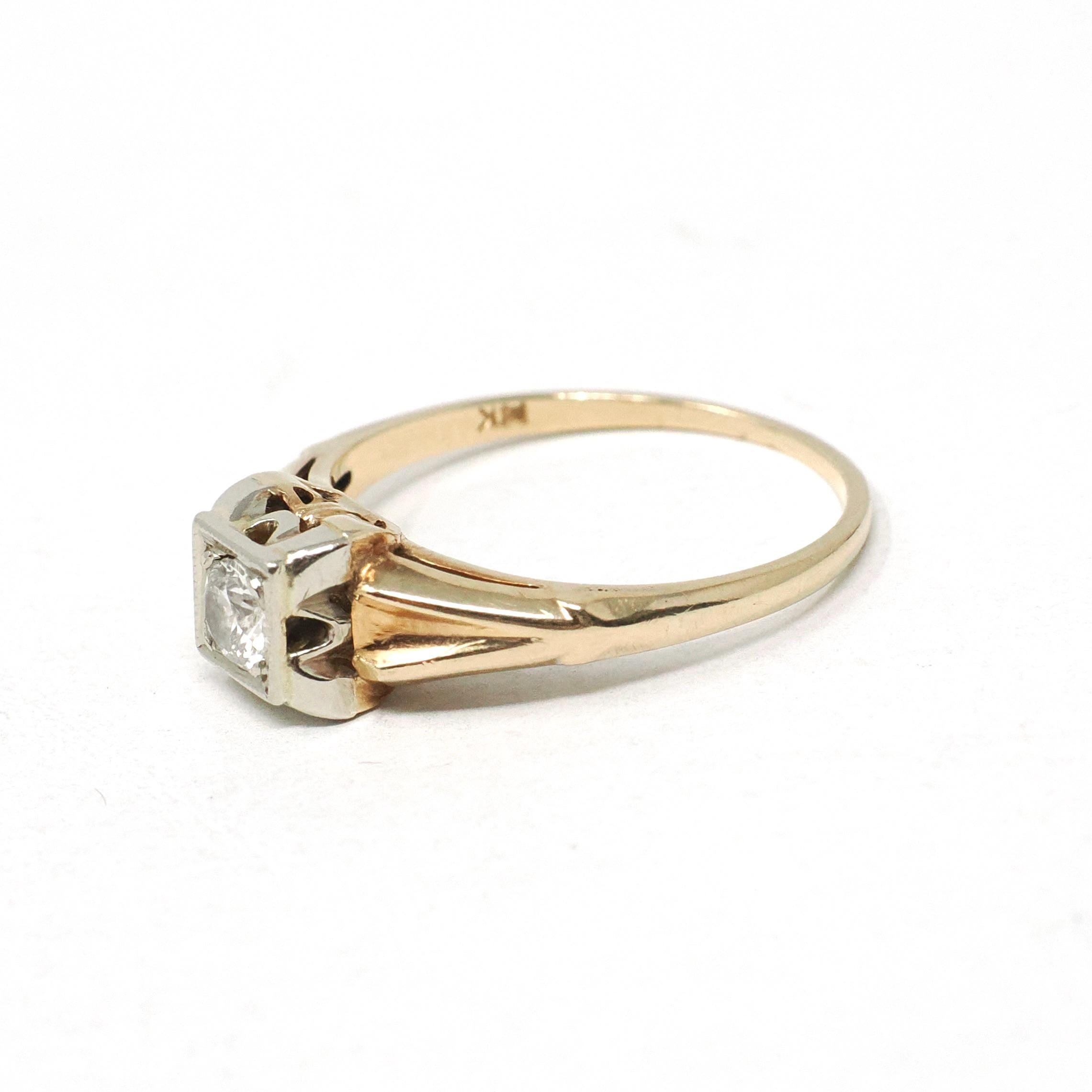 Mid Century Diamond Ring - Vintage 14k Yellow & White Gold Two Tone .20 CT Solitaire - Circa 1940s Era Size 6 1/2 Fine Engagement Jewelry