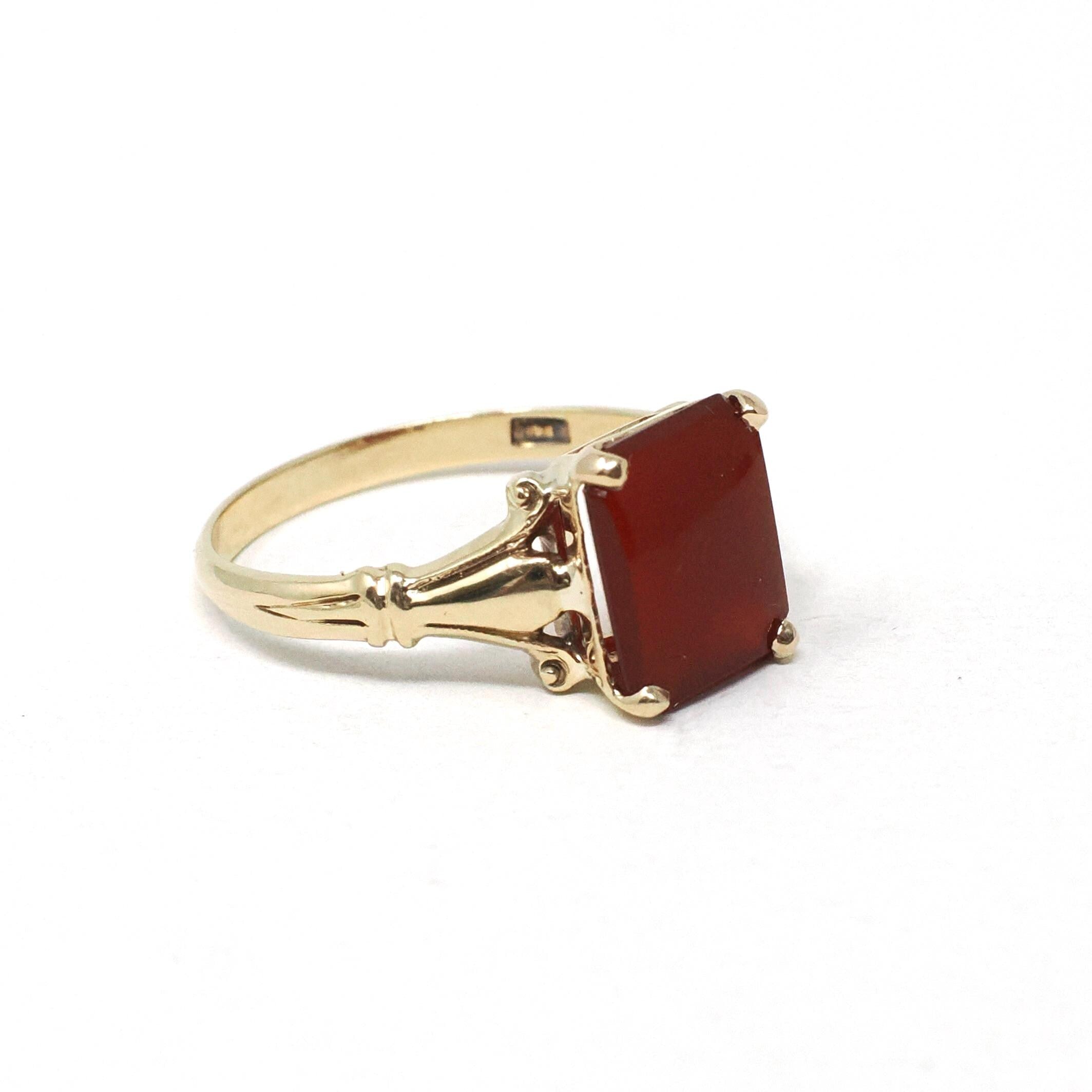 Vintage Carnelian Ring - Mid Century 14k Yellow Gold Natural Red Rectangle Gemstone - Circa 1940s Era Size 7 1/4 Fine Statement Jewelry