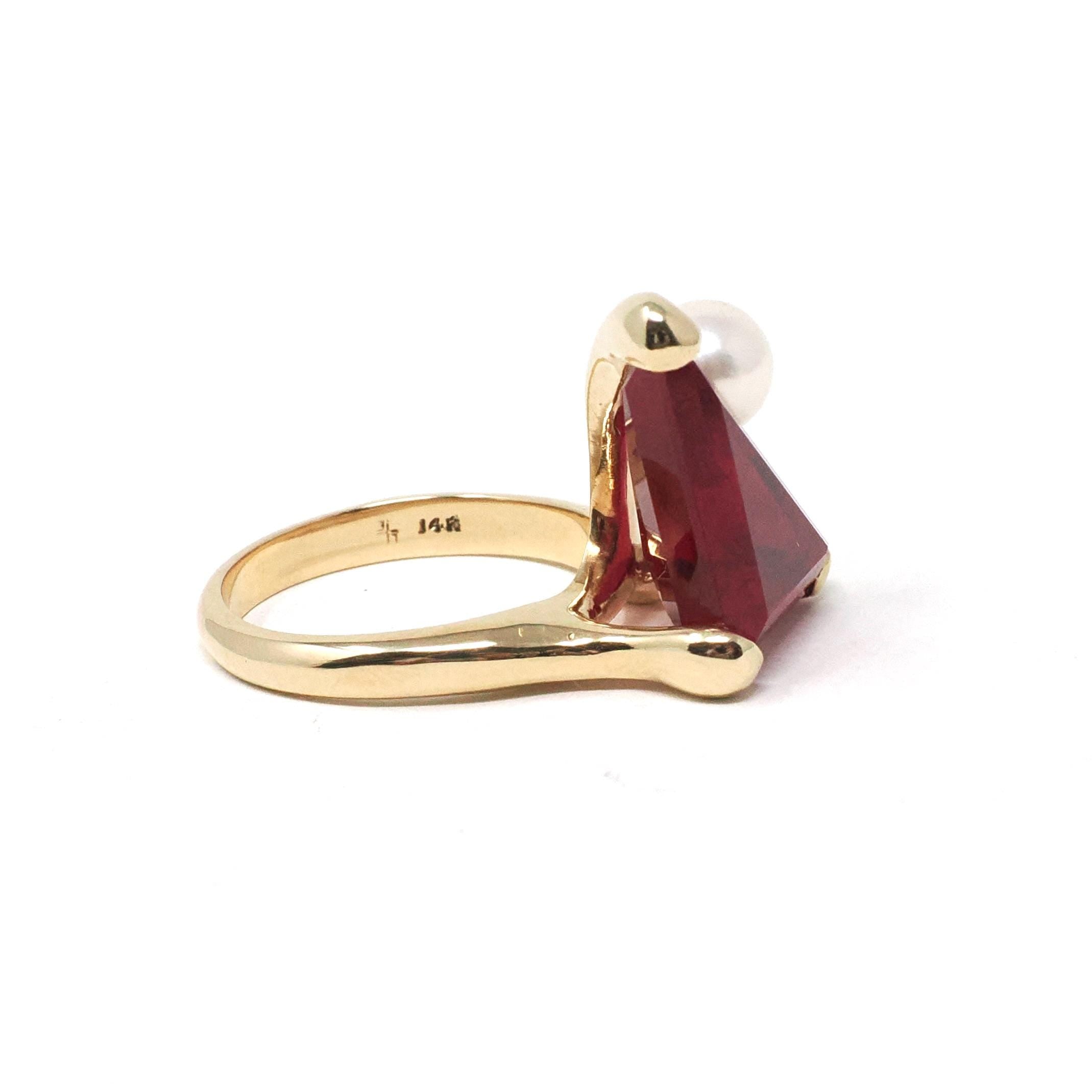 Created Ruby Ring - Retro Era 14k Yellow Gold Fancy Triangle Cut Gemstone - Vintage Circa 1970s Era Size 6 1/4 Pearl Accent Fine Jewelry