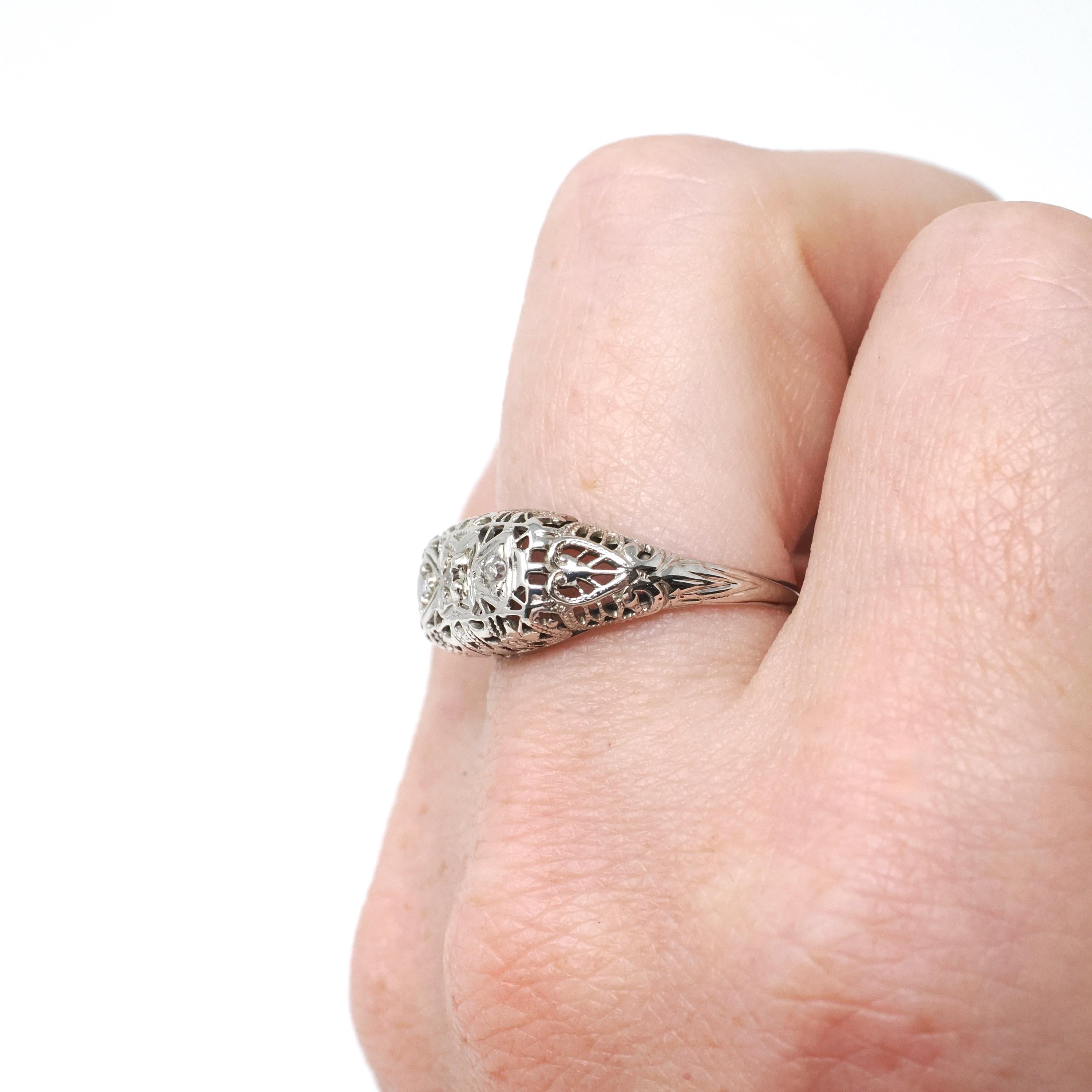 Art Deco Filigree Ring - Vintage 18k White Gold .07 CTW Natural Diamond Band - Circa 1930s Size 7 3/4 Bridal Fine Wedding Engagement Jewelry