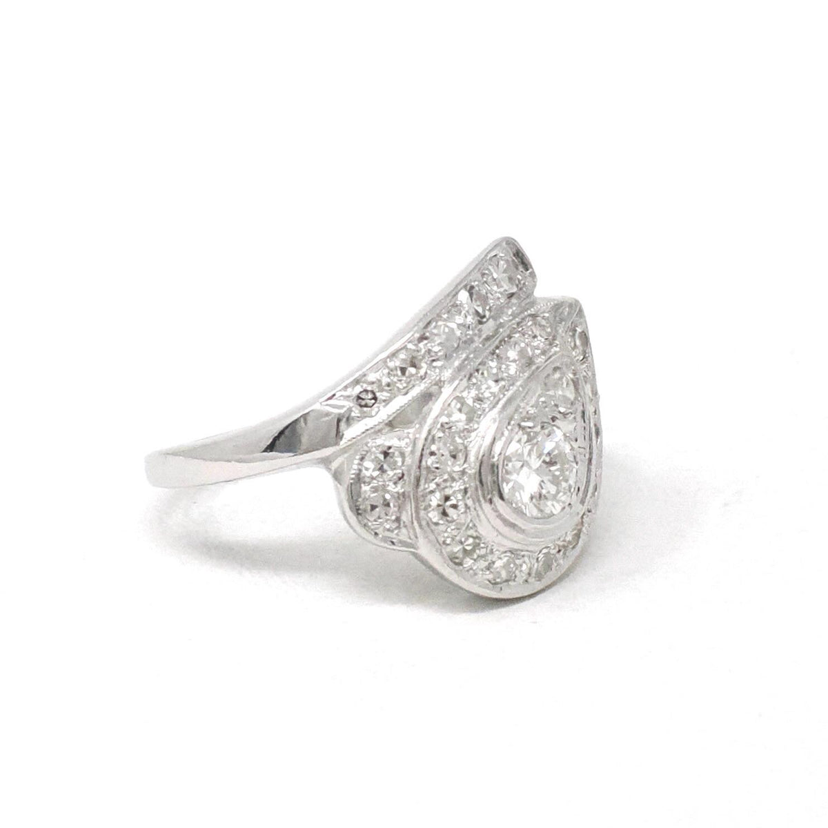 Diamond Cluster Ring - Retro Era 14k White Gold .77 CTW Pear Teardrop Cocktail Statement - Vintage 1960s Size 5 1/4 Bypass Fine Jewelry