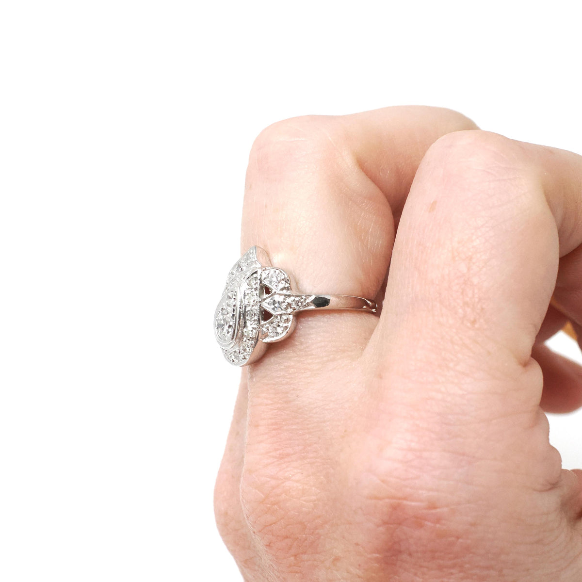 Diamond Cluster Ring - Retro Era 14k White Gold .77 CTW Pear Teardrop Cocktail Statement - Vintage 1960s Size 5 1/4 Bypass Fine Jewelry