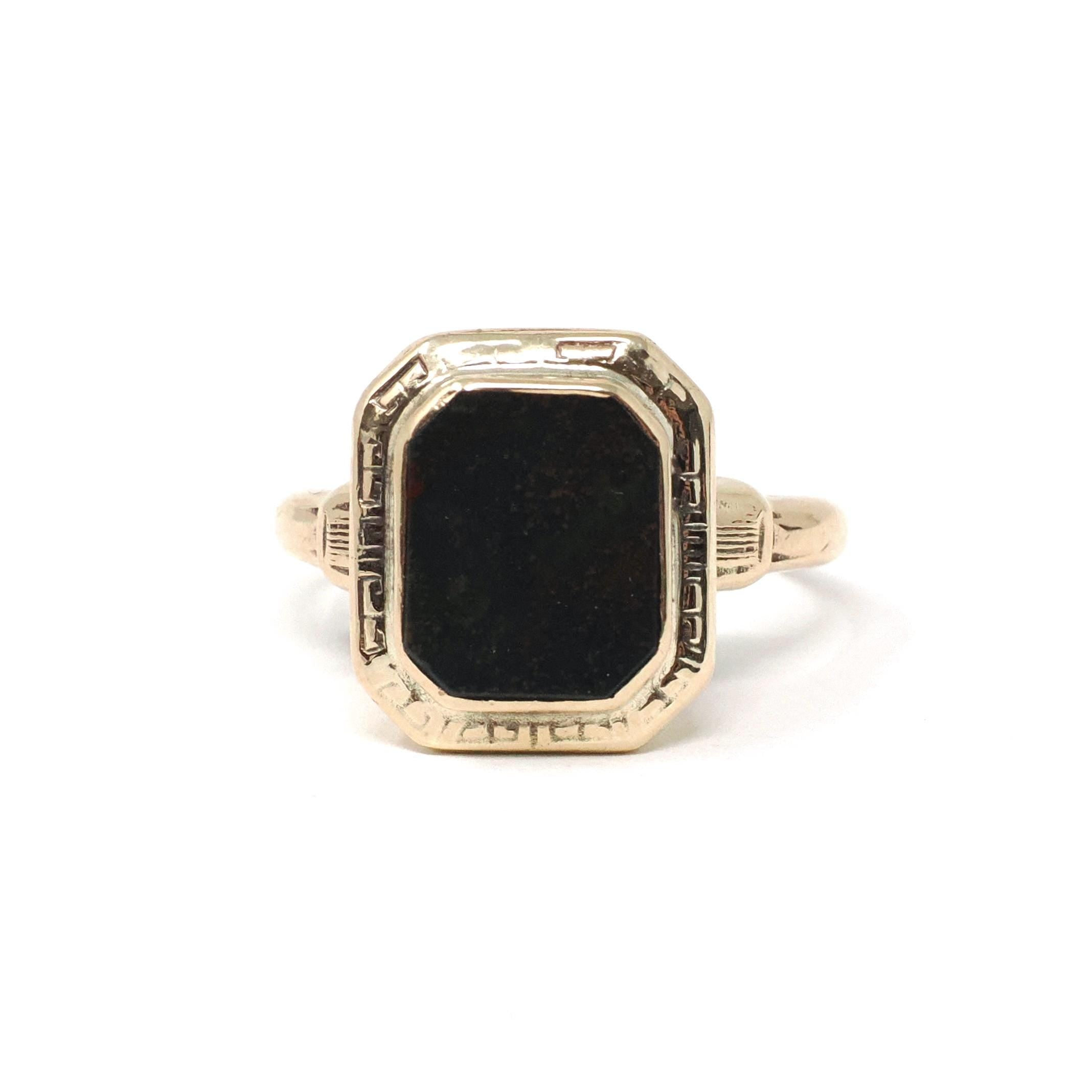 Vintage Bloodstone Ring - Art Deco 10k Yellow Gold Green & Oxblood Red Gemstone - Circa 1930s March Birthstone Size 6 Greek Key Fine Jewelry