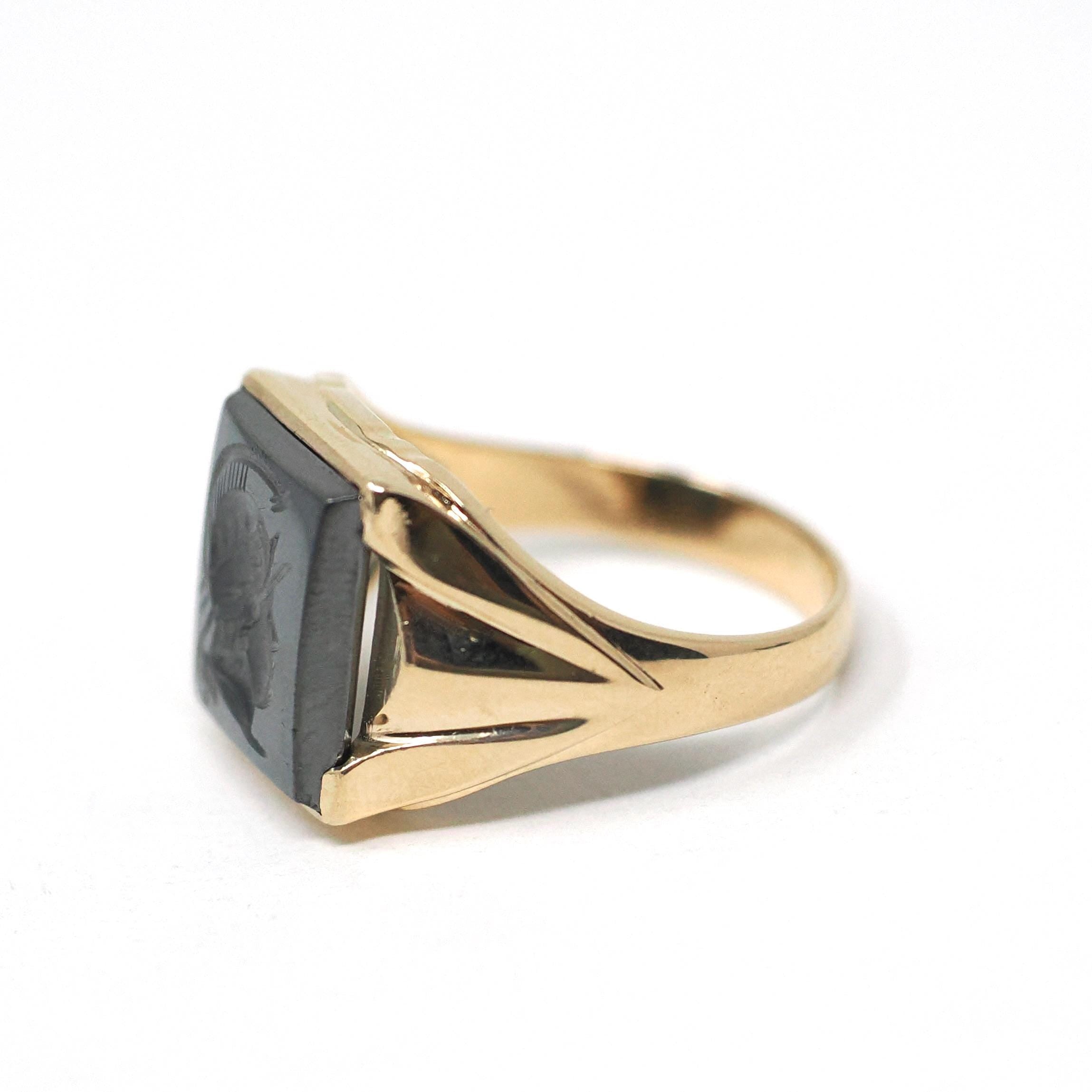 Vintage Hematite Ring - Mid Century 10k Yellow Gold Intaglio Carved Metallic Gray Gem - Circa 1940s Era Size 10 3/4 Statement Fine Jewelry