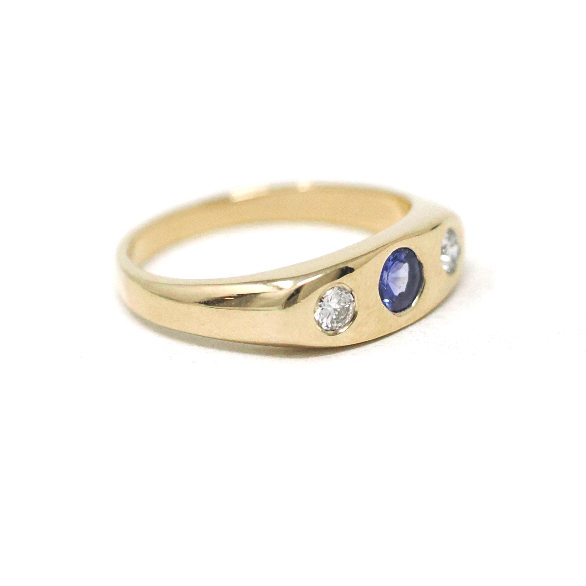 Tanzanite & Diamond Ring - Modern 14k Yellow Gold Three Stone Gem Band - Estate Circa 2000's Era Size 6 3/4 Purple Flush Set Fine Jewelry
