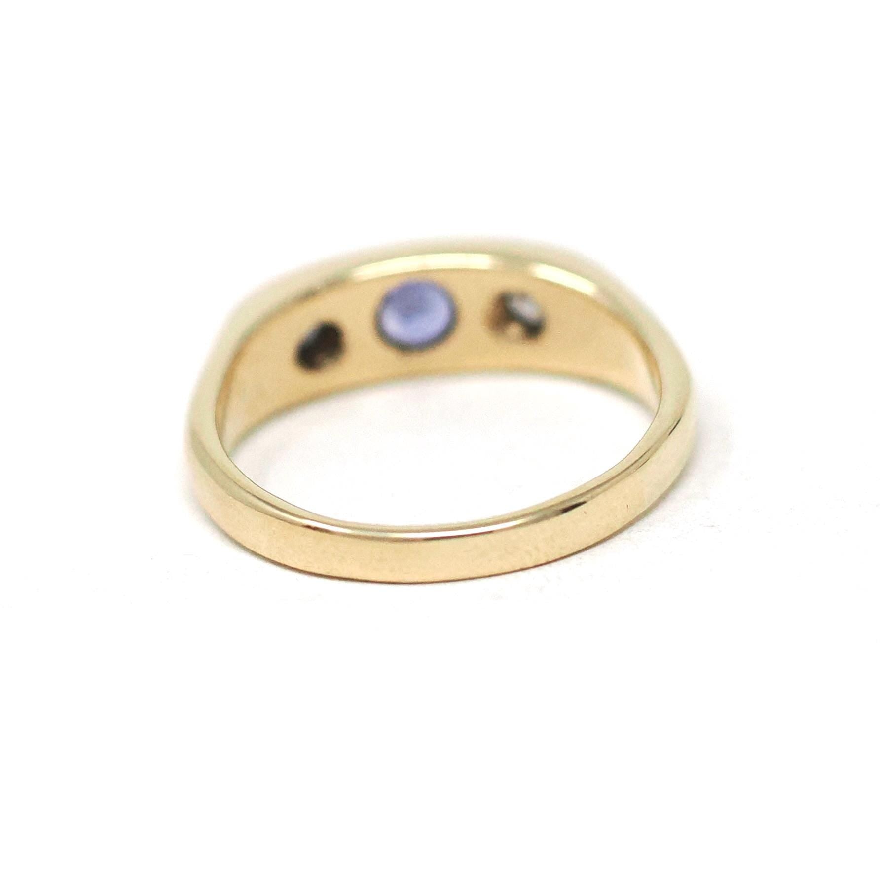 Tanzanite & Diamond Ring - Modern 14k Yellow Gold Three Stone Gem Band - Estate Circa 2000's Era Size 6 3/4 Purple Flush Set Fine Jewelry
