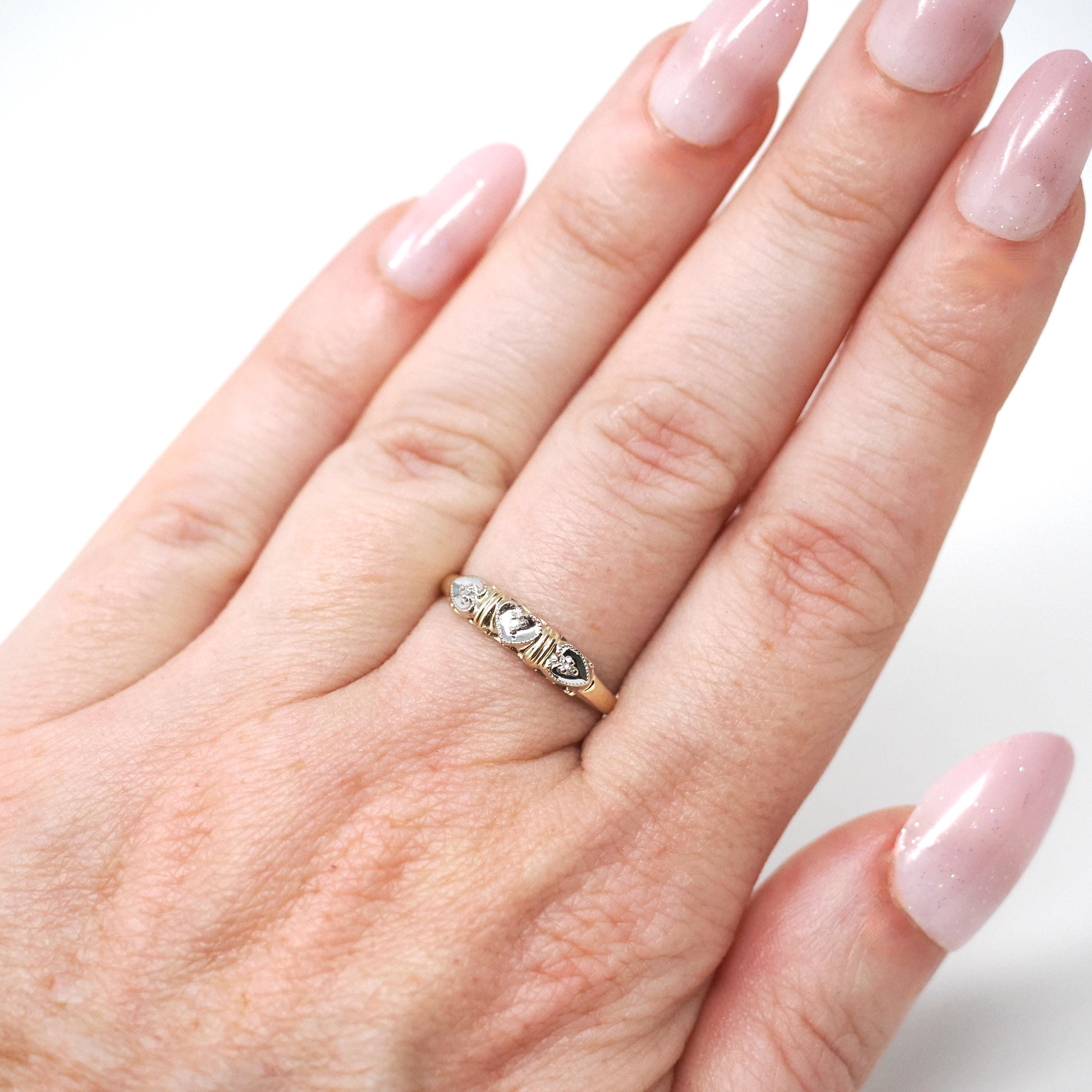 Heart Wedding Band - Estate 14k Yellow & White Gold Natural Diamond Accent - Circa 1940s Era Size 6 Bridal Two Tone Sweet Love Fine Jewelry