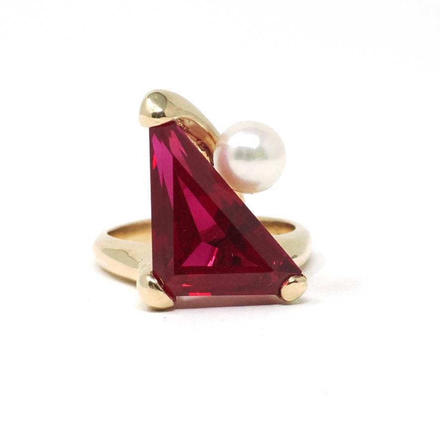 Created Ruby Ring - Retro Era 14k Yellow Gold Fancy Triangle Cut Gemstone - Vintage Circa 1970s Era Size 6 1/4 Pearl Accent Fine Jewelry