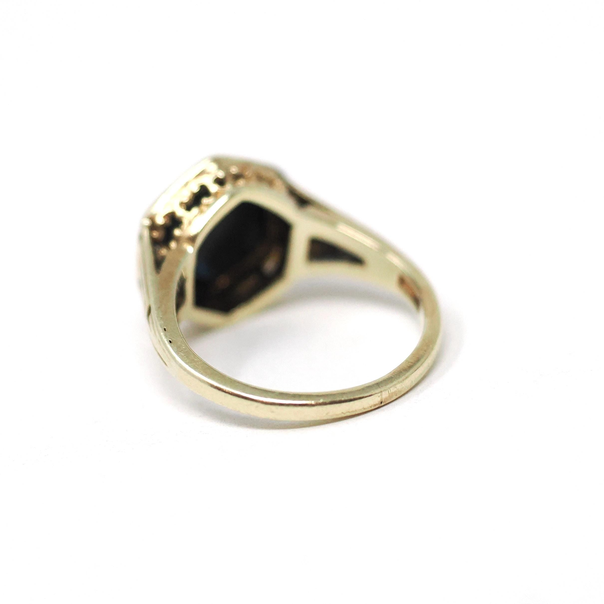 Antique Bloodstone Ring - Vintage 10k Yellow Gold Hexagonal Heliotrope Gem Solitaire - Edwardian Size 4 Key Scroll Open Metal Fine Jewelry