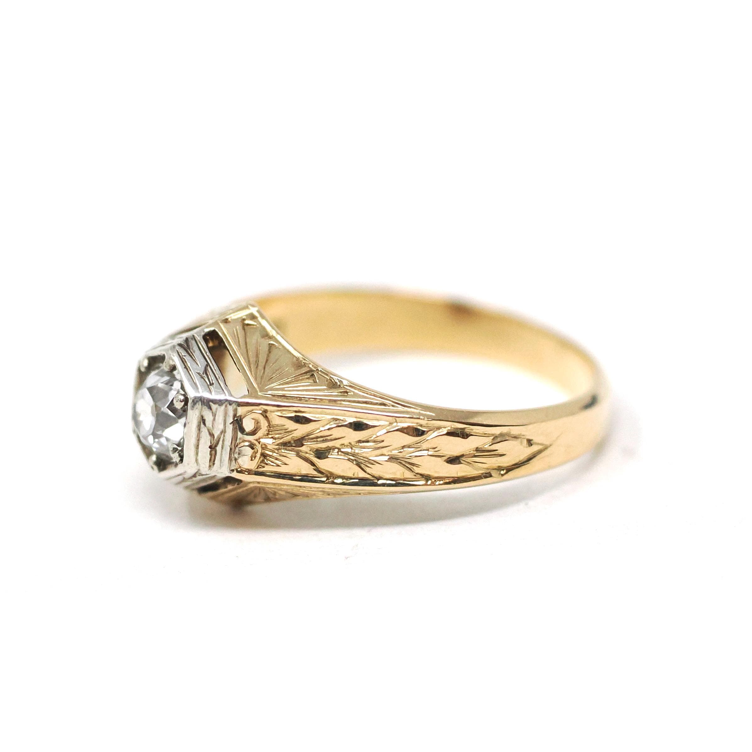 Vintage Diamond Ring - Art Deco 18k Yellow Gold & Silver Hexagonal Unisex .46 CT Engagement - Circa 1930s Bi Tone Size 10 Wheat Fine Jewelry