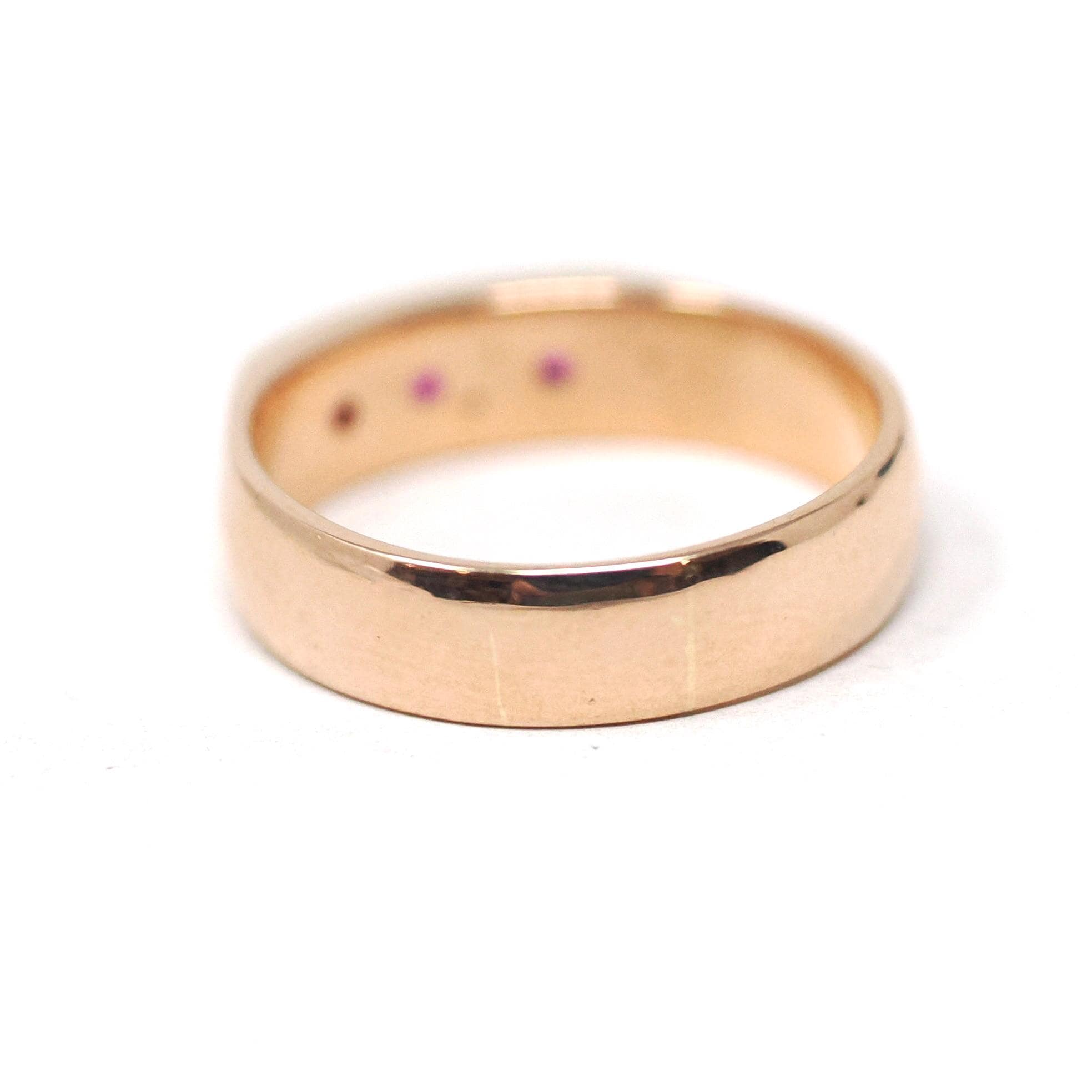 Vintage Three Stone Ring - Mid Century 18k Rose Gold Flush Set Created Ruby Star Incised Statement Band - Circa 1960s Size 5.25 Fine Jewelry