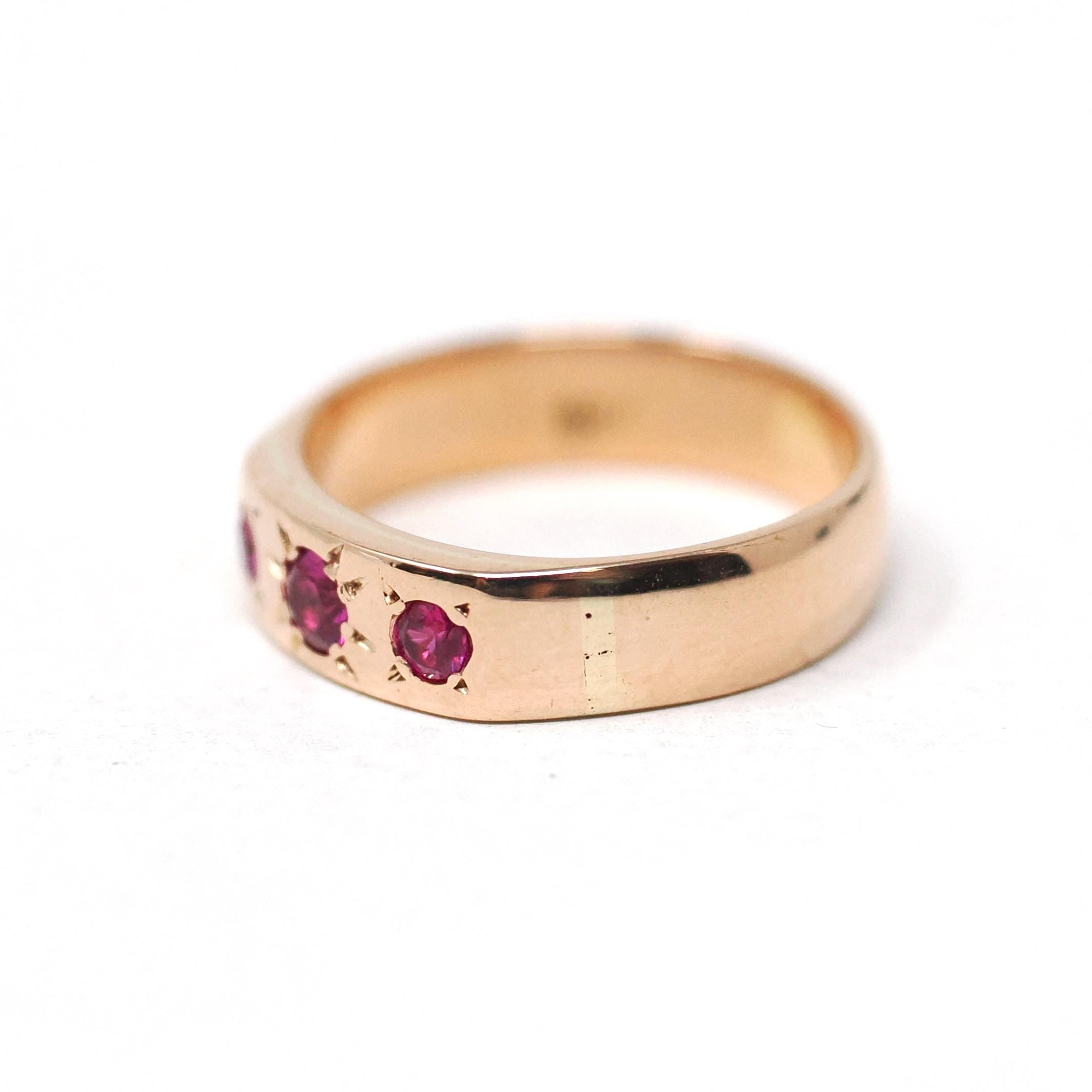 Vintage Three Stone Ring - Mid Century 18k Rose Gold Flush Set Created Ruby Star Incised Statement Band - Circa 1960s Size 5.25 Fine Jewelry