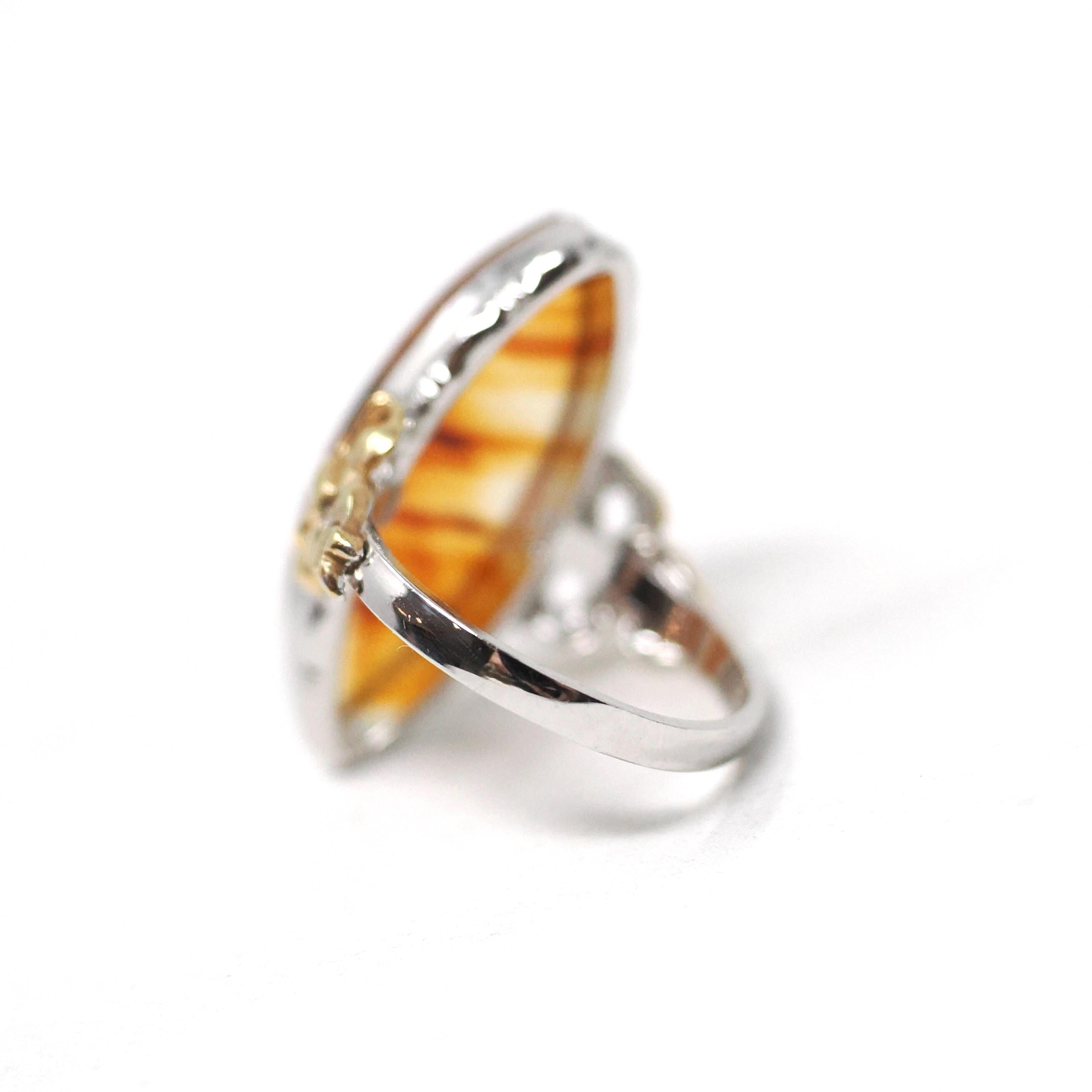 Vintage Banded Agate Ring - Mid Century Sterling Silver & Gold Filled Two Tone Natural Navette Gem - Circa 1940s Era Bows Size 4 3/4 Jewelry