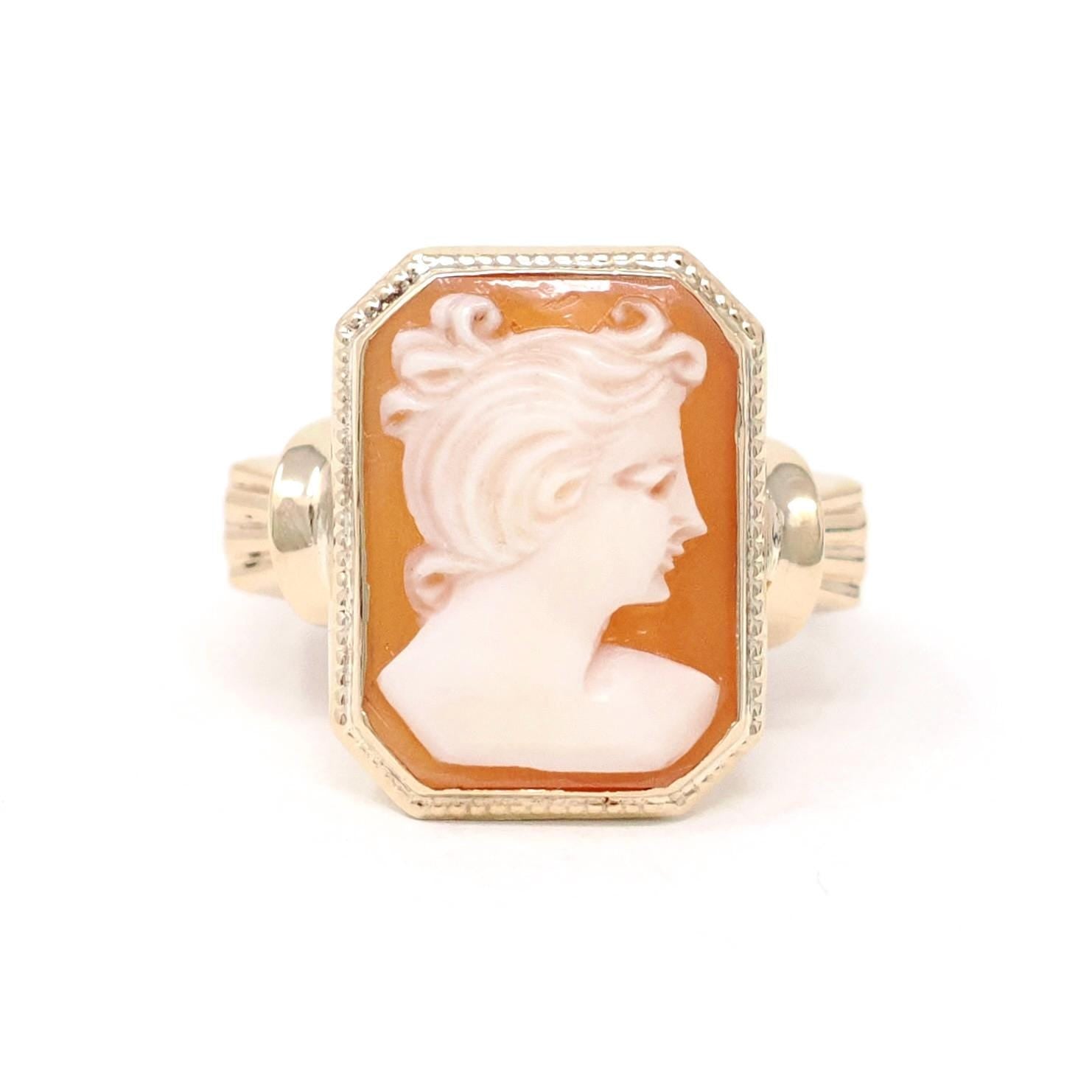 Vintage Cameo Ring - Mid Century 10k Yellow Gold Carved Shell Portrait Statement - Circa 1940s Era Size 6 PSCO Fine Italian Keepsake Jewelry