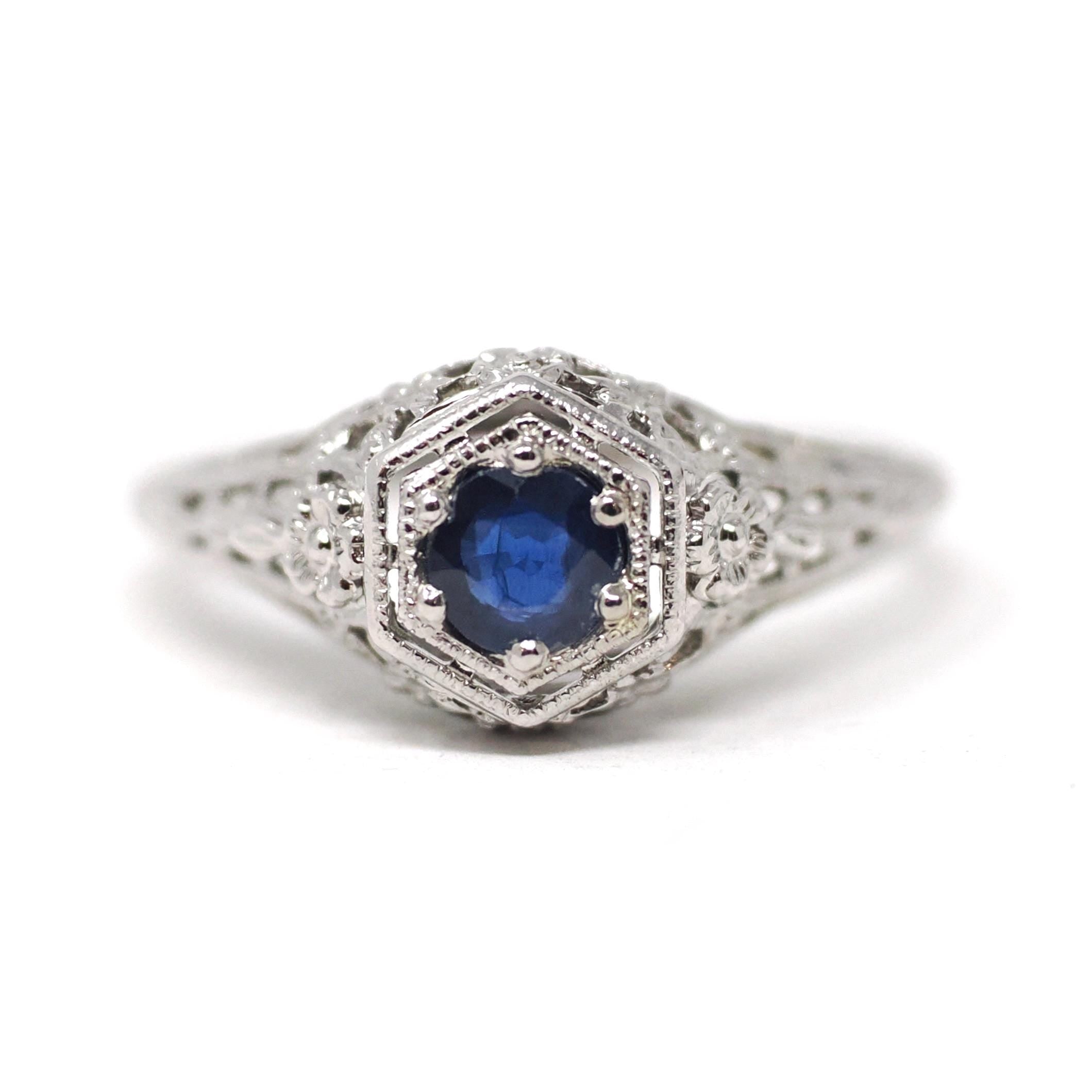 Art Deco Sapphire Ring - Vintage 14k White Gold Die Struck Natural Blue Corundum Gemstone - Circa 1930s Size 9 Filigree Fine Bridal Jewelry