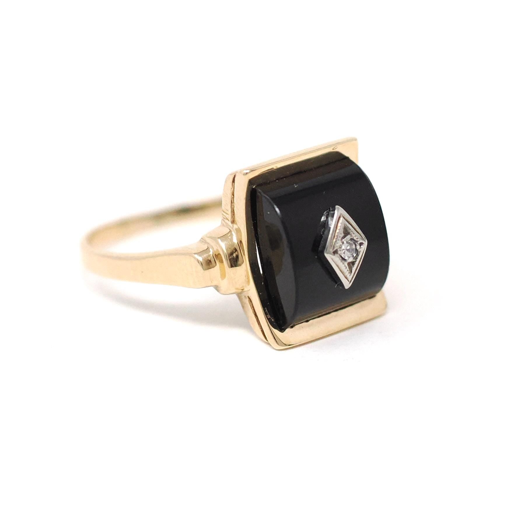 Vintage Onyx Ring - Retro 10k Yellow Gold Black Curved Fancy Cut Gemstone - Circa 1940s Era Size 7.25 Natural Diamond Statement Fine Jewelry