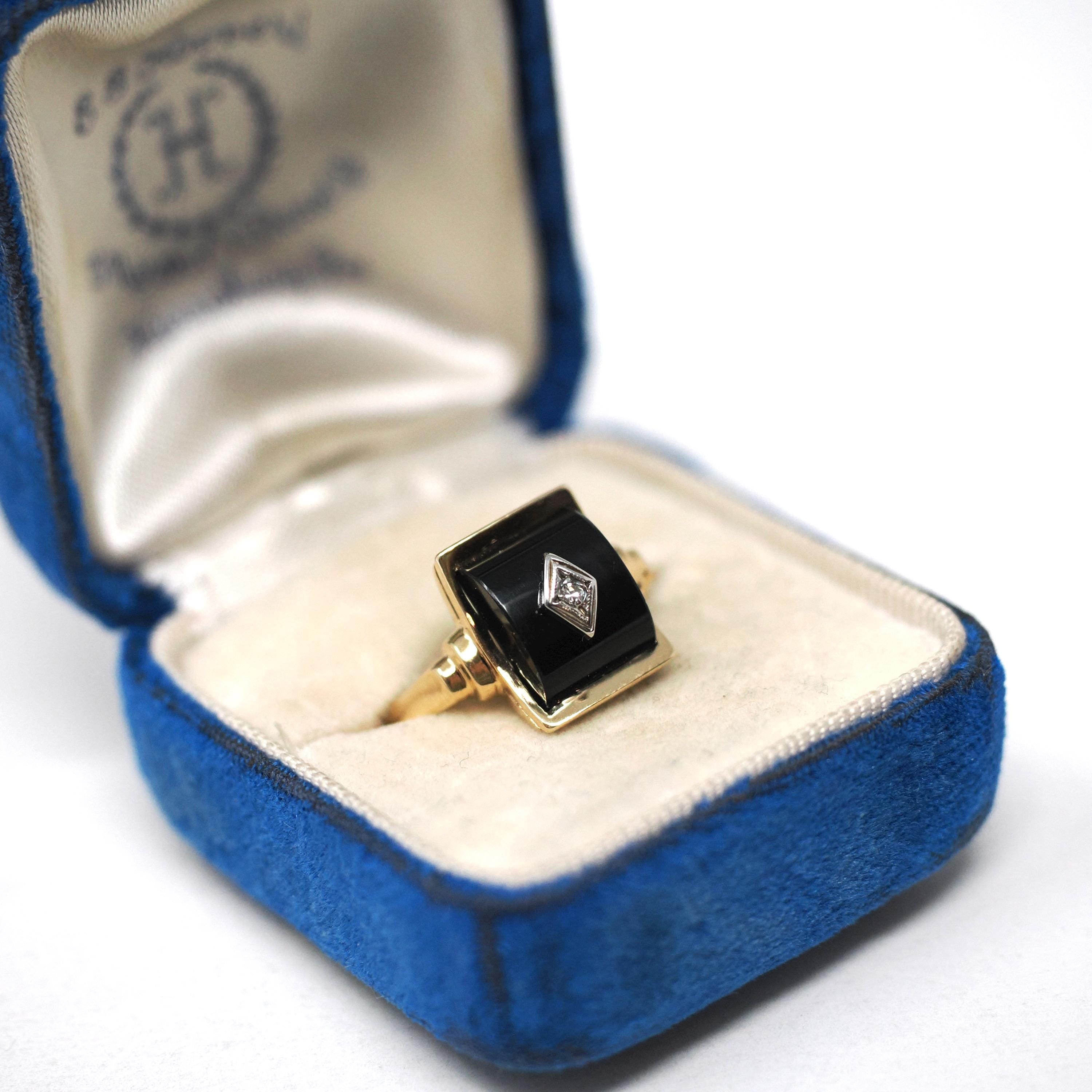 Vintage Onyx Ring - Retro 10k Yellow Gold Black Curved Fancy Cut Gemstone - Circa 1940s Era Size 7.25 Natural Diamond Statement Fine Jewelry