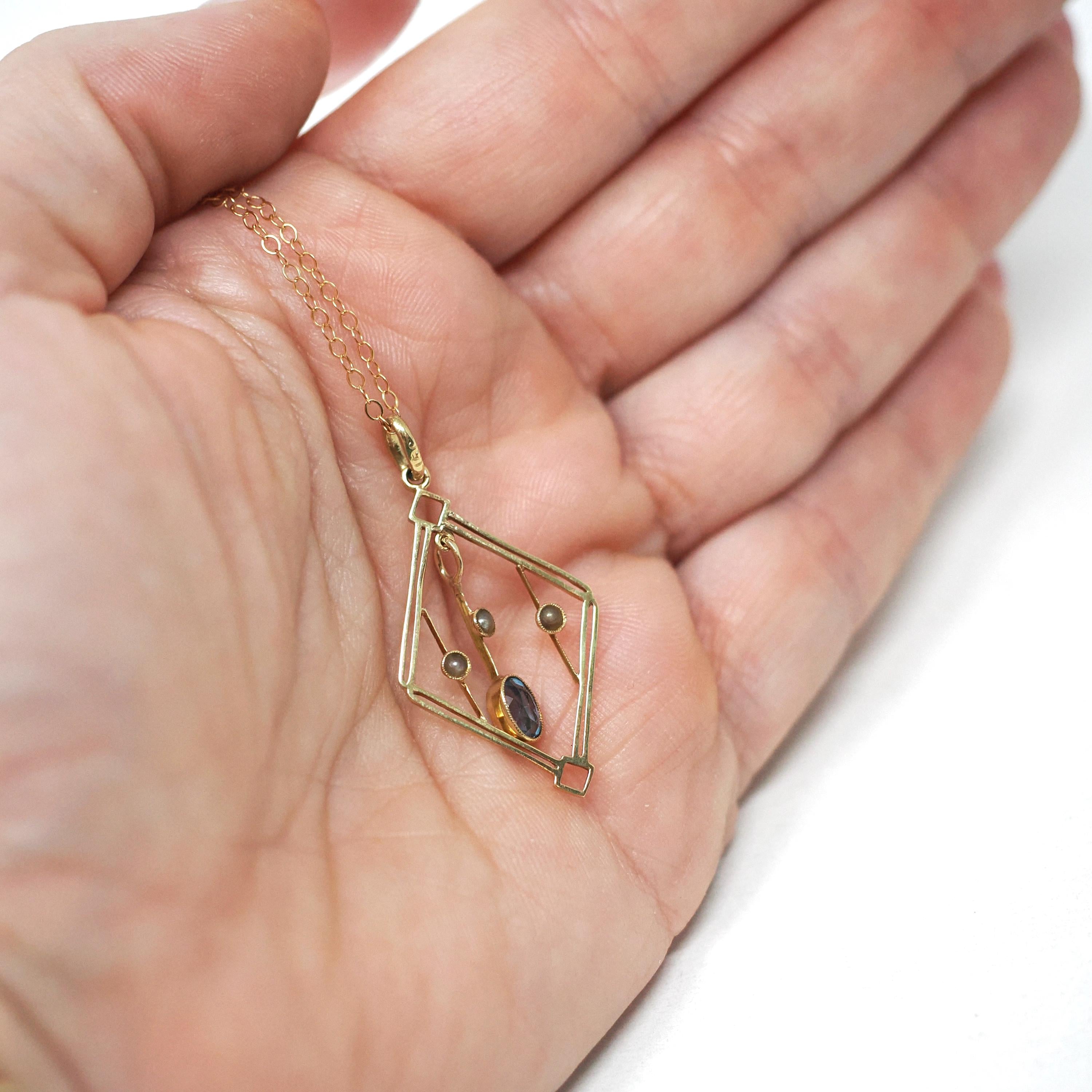 Antique Lavalier Necklace - Edwardian 15k Yellow Gold Natural Dark Blue Oval Aquamarine Gem Pendant - Circa 1910s Seed Pearl Fine Jewelry