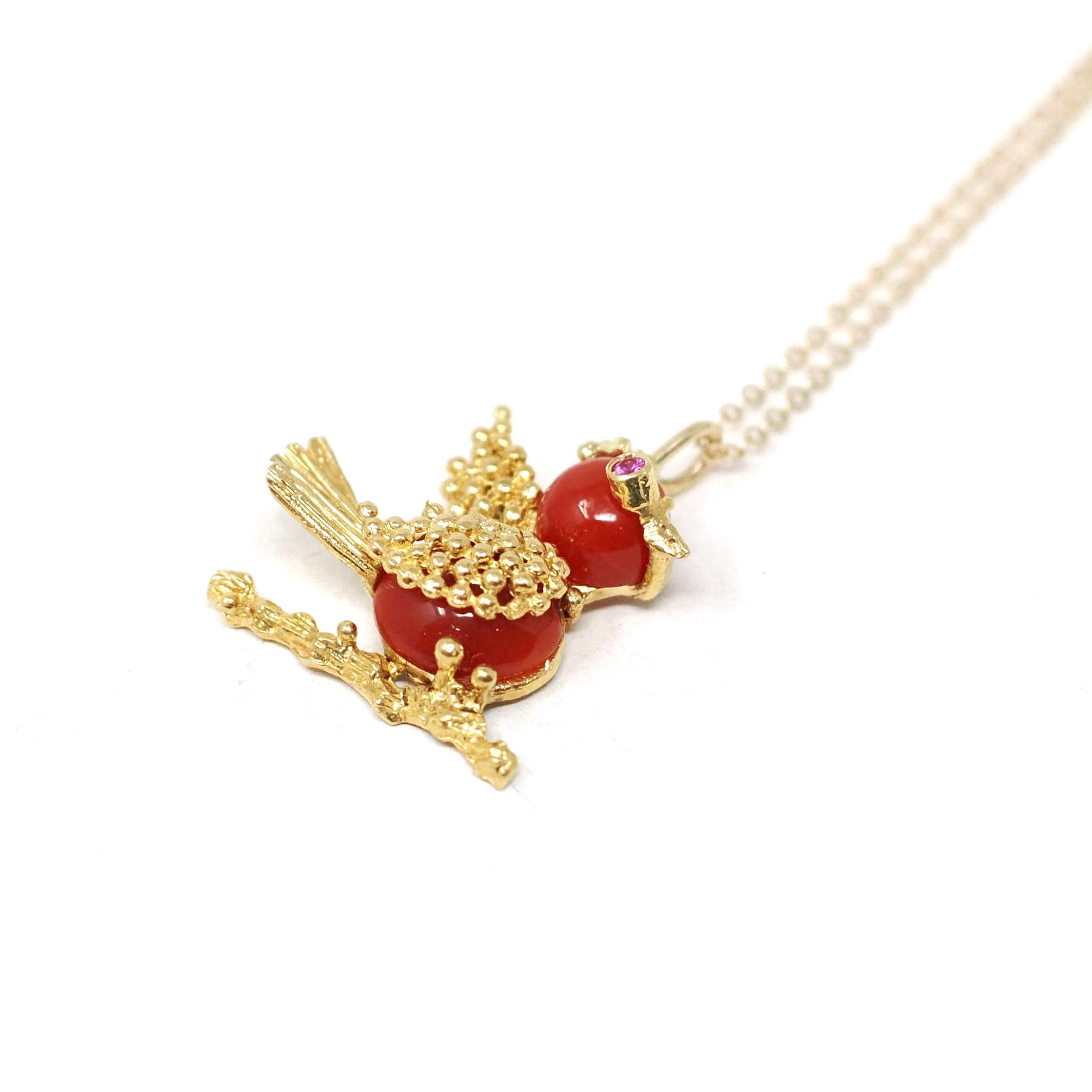 Vintage Tanager Pendant - Retro Era 18k Yellow Gold Figural Avian Coral Charm Necklace - Circa 1970s Ruby Eyes Fine Dainty Bird Fine Jewelry