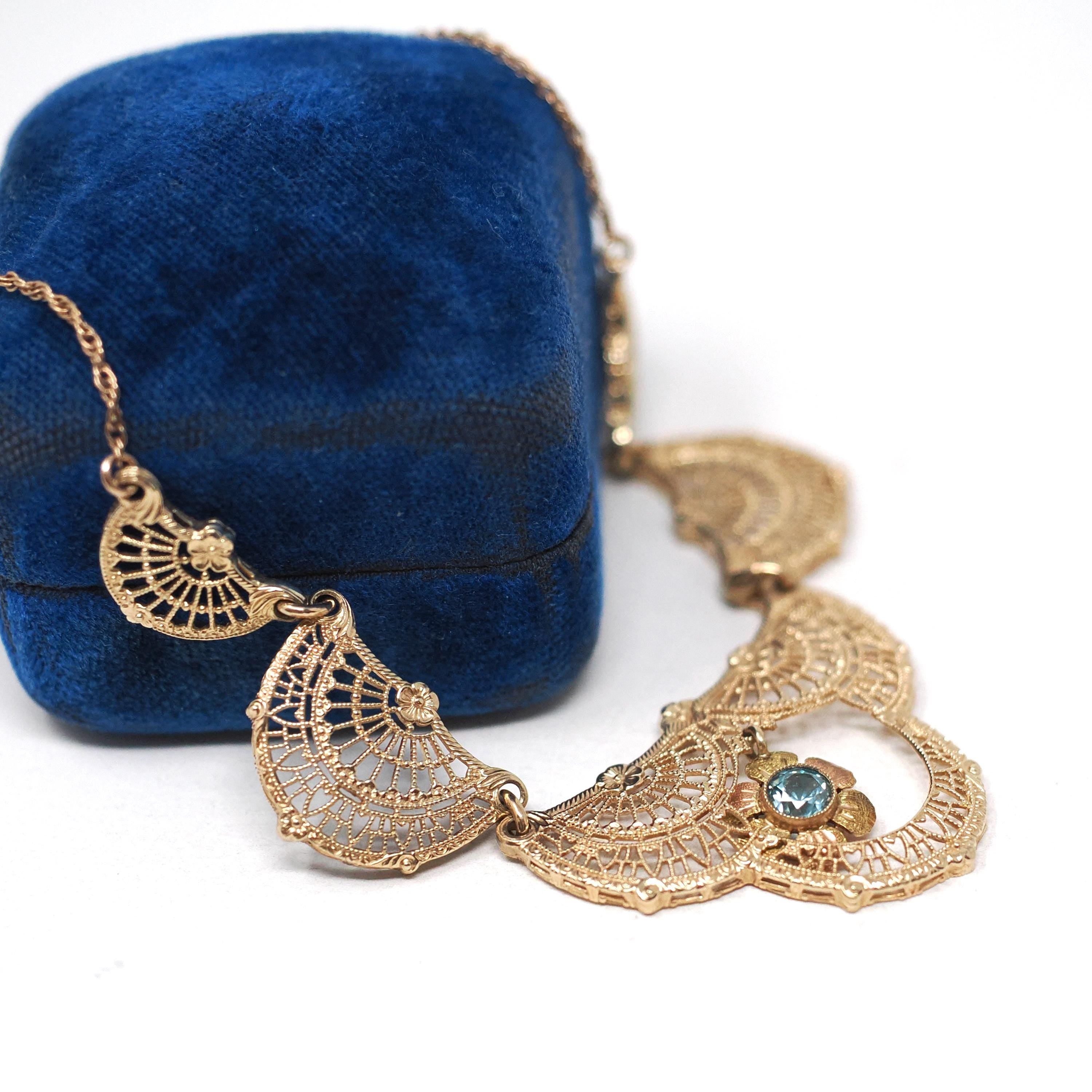 Vintage Filigree Necklace - Mid Century 10k Yellow Gold Natural Blue Zircon Panel Festoon - Early 1940s Deco Style Graduated Fine Jewelry