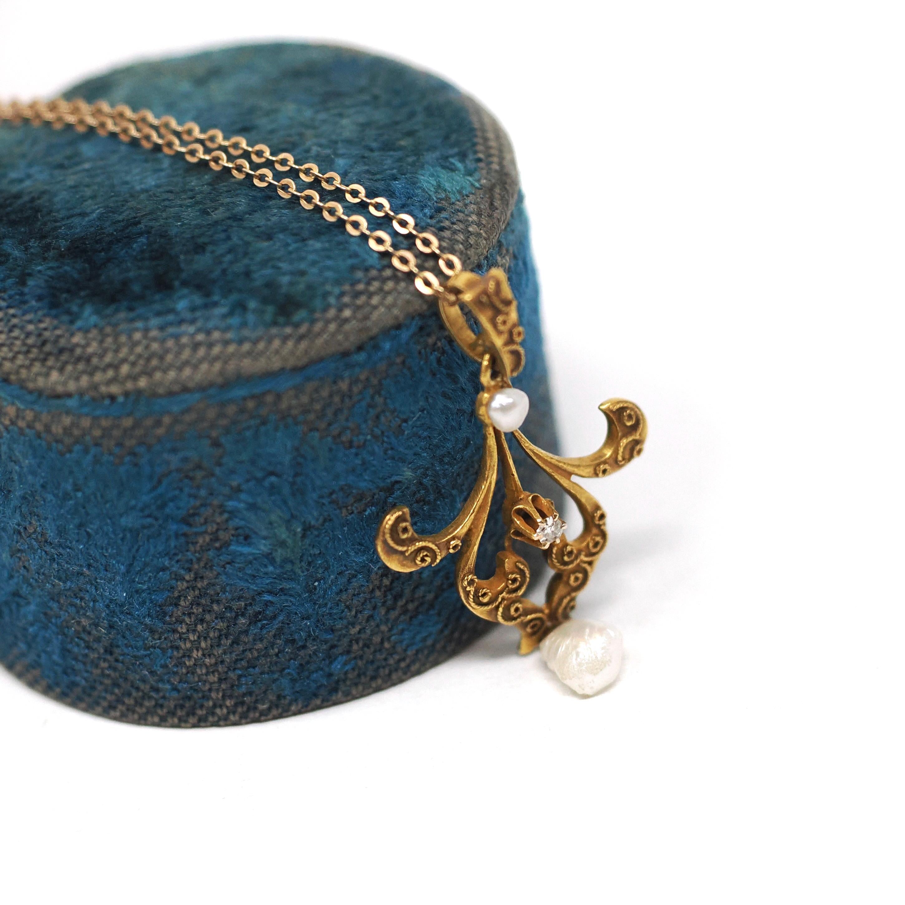 Antique Lavalier Pendant - Vintage 10k Yellow Gold Natural Diamond Baroque Seed Pearl Charm Necklace - Edwardian Circa 1910 Era Fine Jewelry