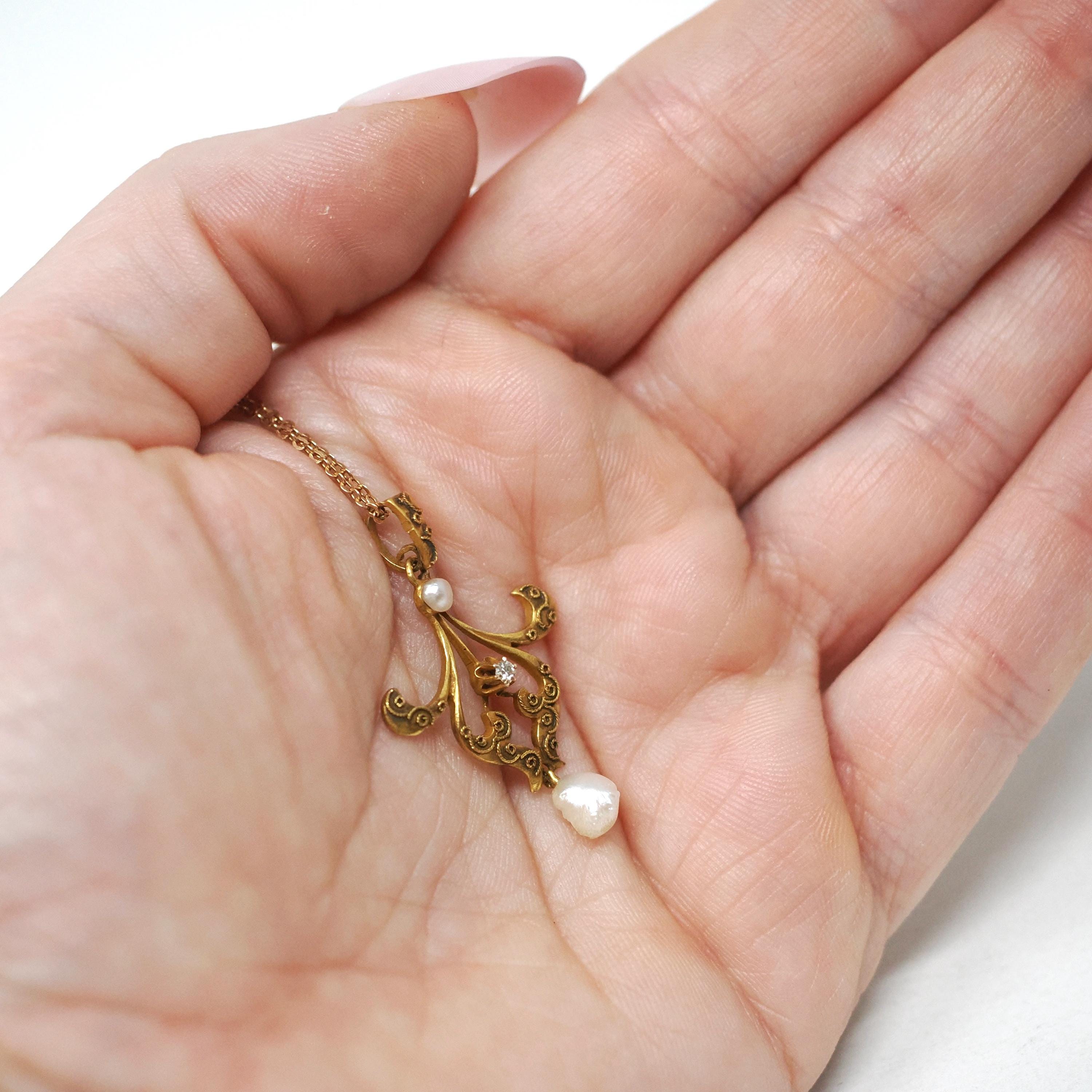 Antique Lavalier Pendant - Vintage 10k Yellow Gold Natural Diamond Baroque Seed Pearl Charm Necklace - Edwardian Circa 1910 Era Fine Jewelry