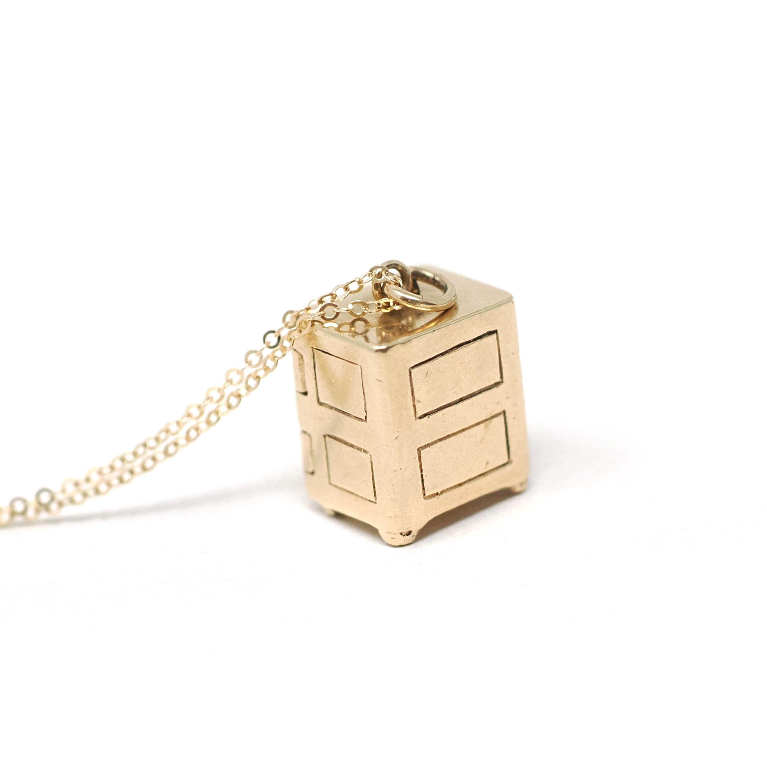Money Safe Charm - Mid Century 14k Yellow Gold Pendant Vault Necklace - Vintage Circa 1950s Era Kinetic Moveable Handle Fine 50s Jewelry