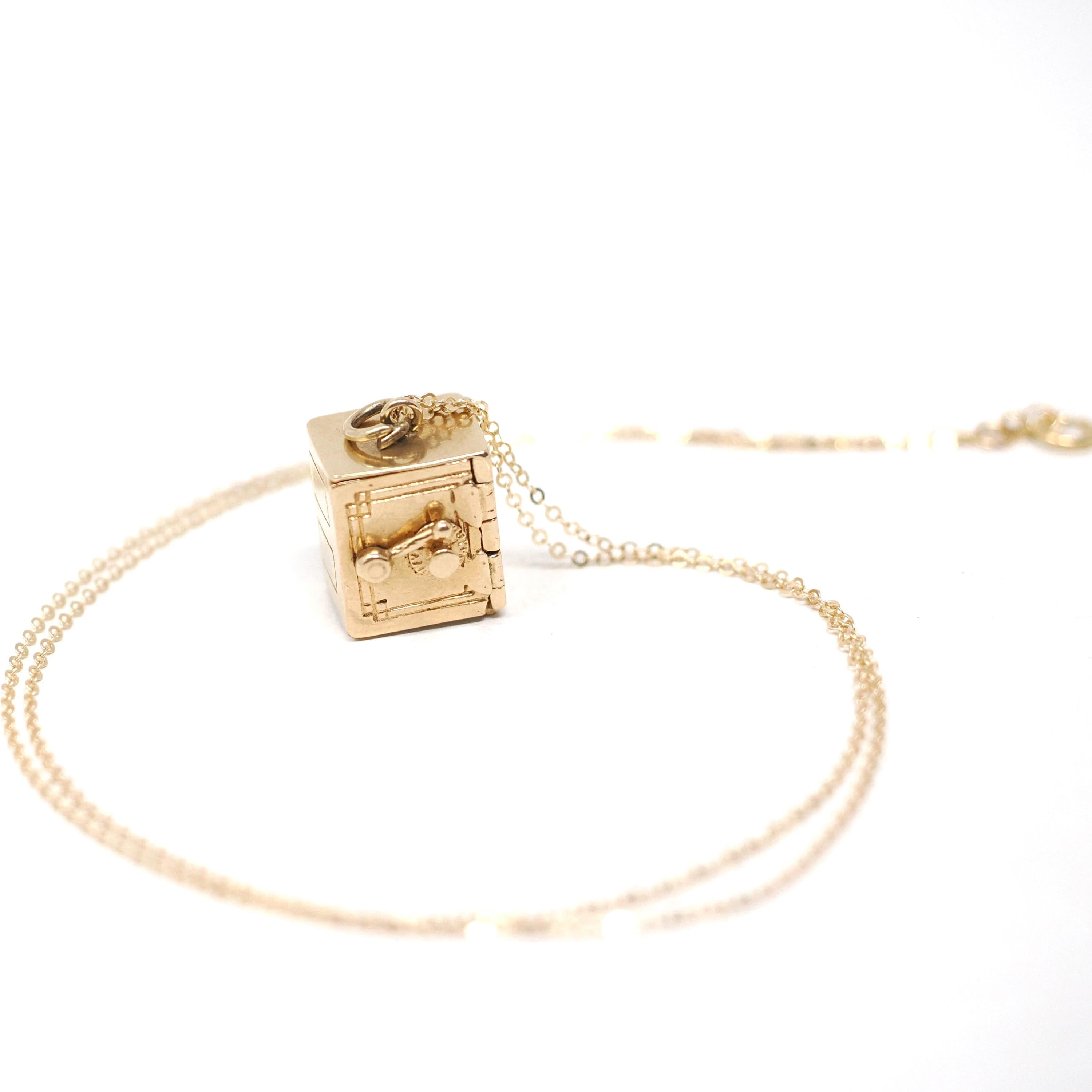 Money Safe Charm - Mid Century 14k Yellow Gold Pendant Vault Necklace - Vintage Circa 1950s Era Kinetic Moveable Handle Fine 50s Jewelry