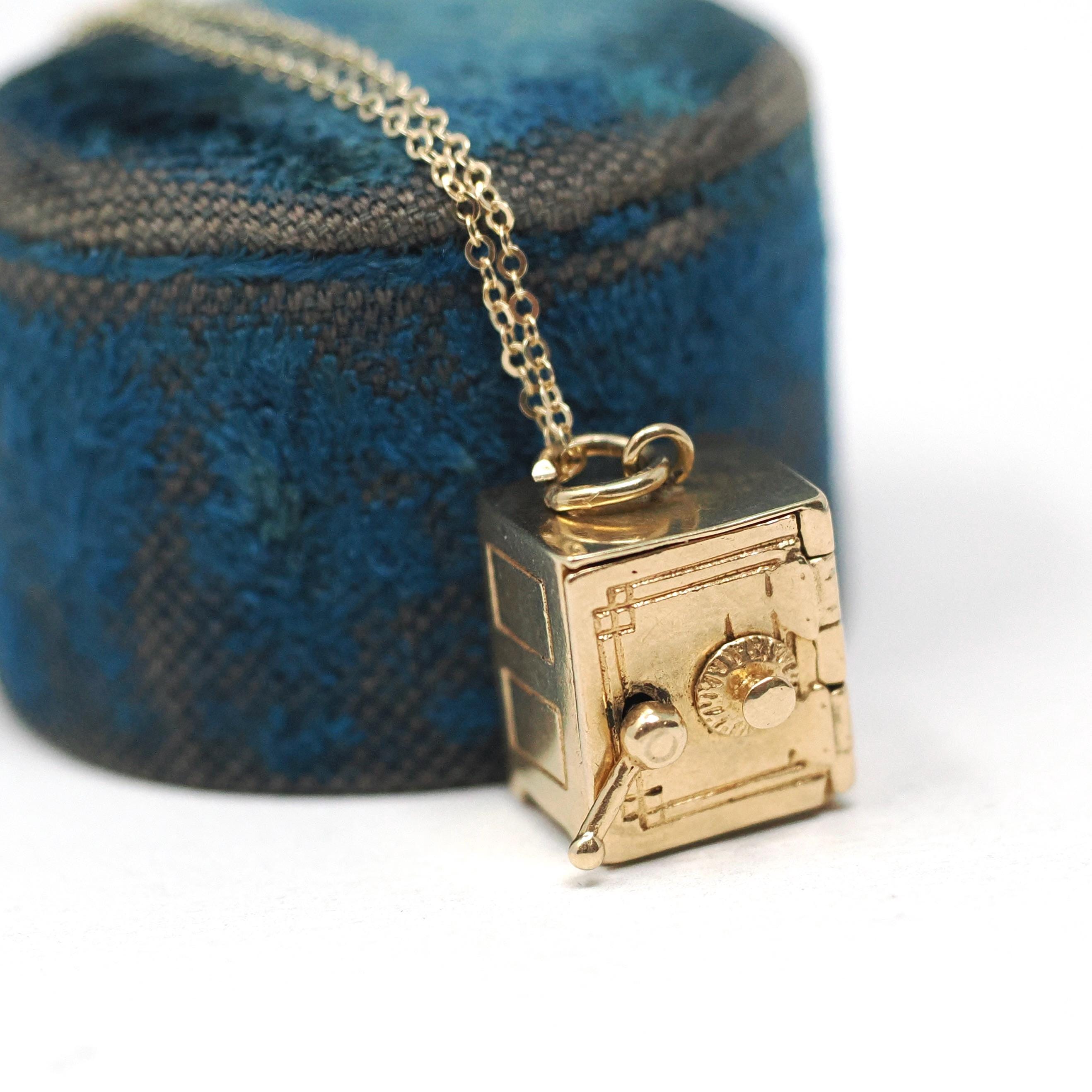 Money Safe Charm - Mid Century 14k Yellow Gold Pendant Vault Necklace - Vintage Circa 1950s Era Kinetic Moveable Handle Fine 50s Jewelry