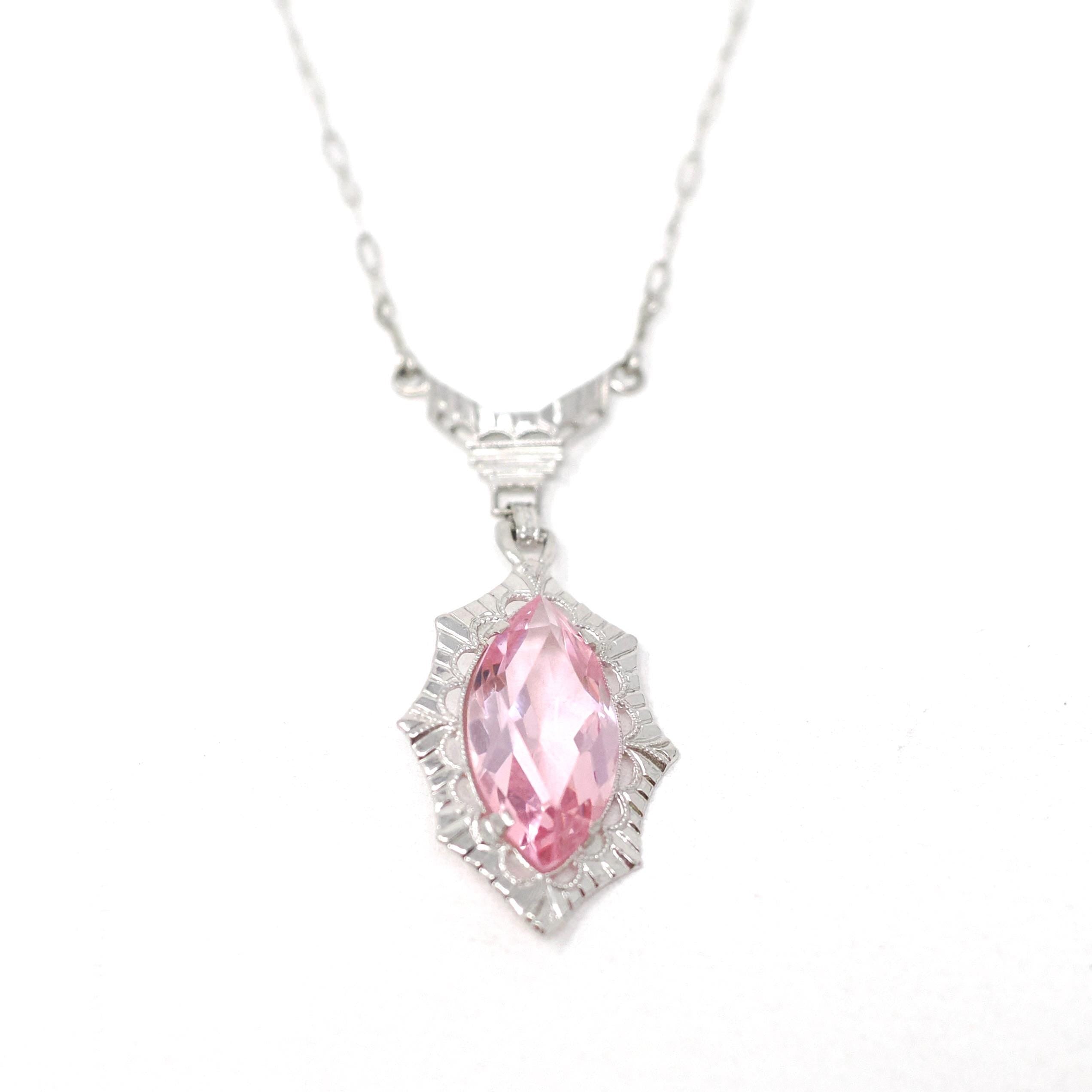Art Deco Lavalier - Vintage 10k White Gold Simulated Pink Sapphire Necklace Pendant Charm - Circa 1930s Era Glass Marquise Fine 30s Jewelry