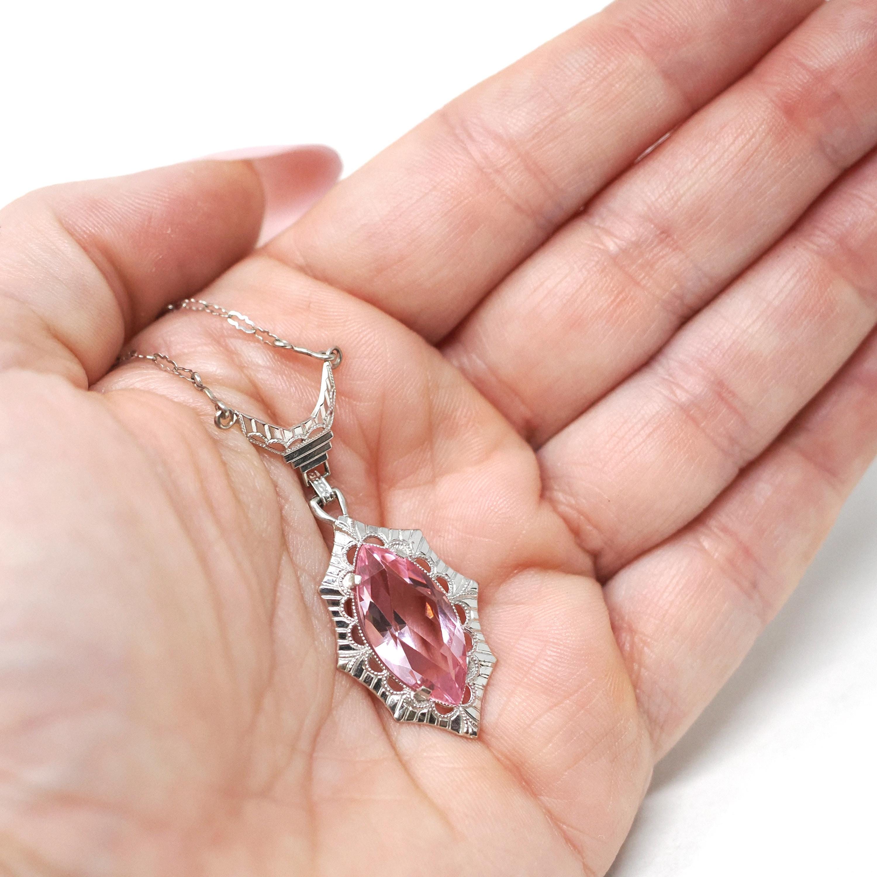 Art Deco Lavalier - Vintage 10k White Gold Simulated Pink Sapphire Necklace Pendant Charm - Circa 1930s Era Glass Marquise Fine 30s Jewelry