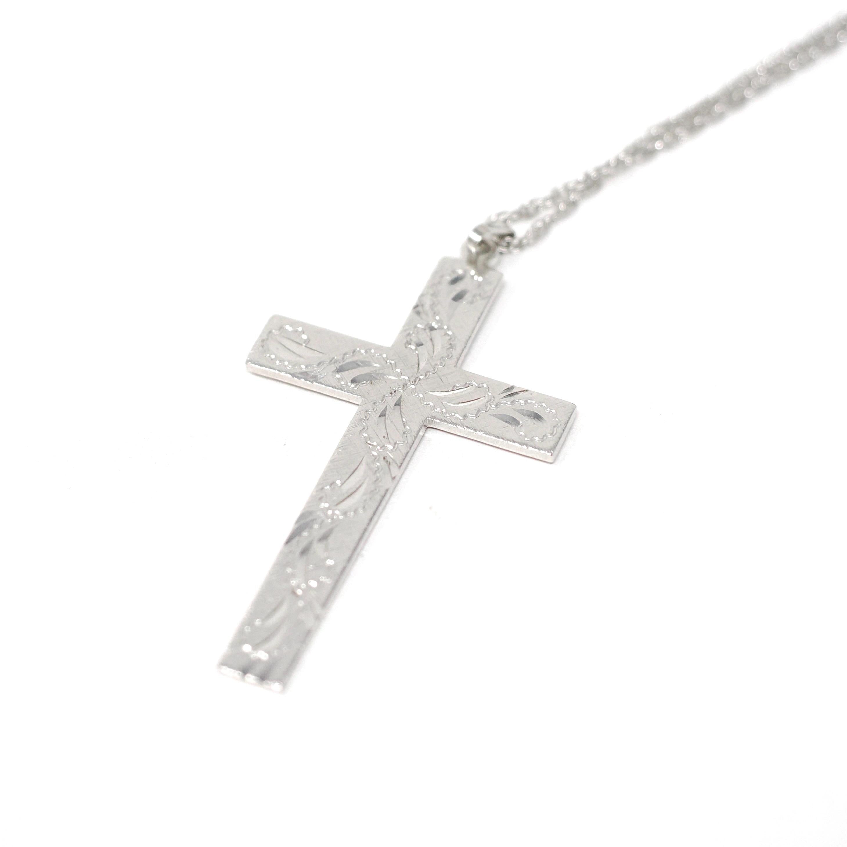 Vintage Cross Pendant - Retro Sterling Silver Religious Necklace - Circa 1970s Era Engraved Paisley Design Statement Crucifix 70s Jewelry
