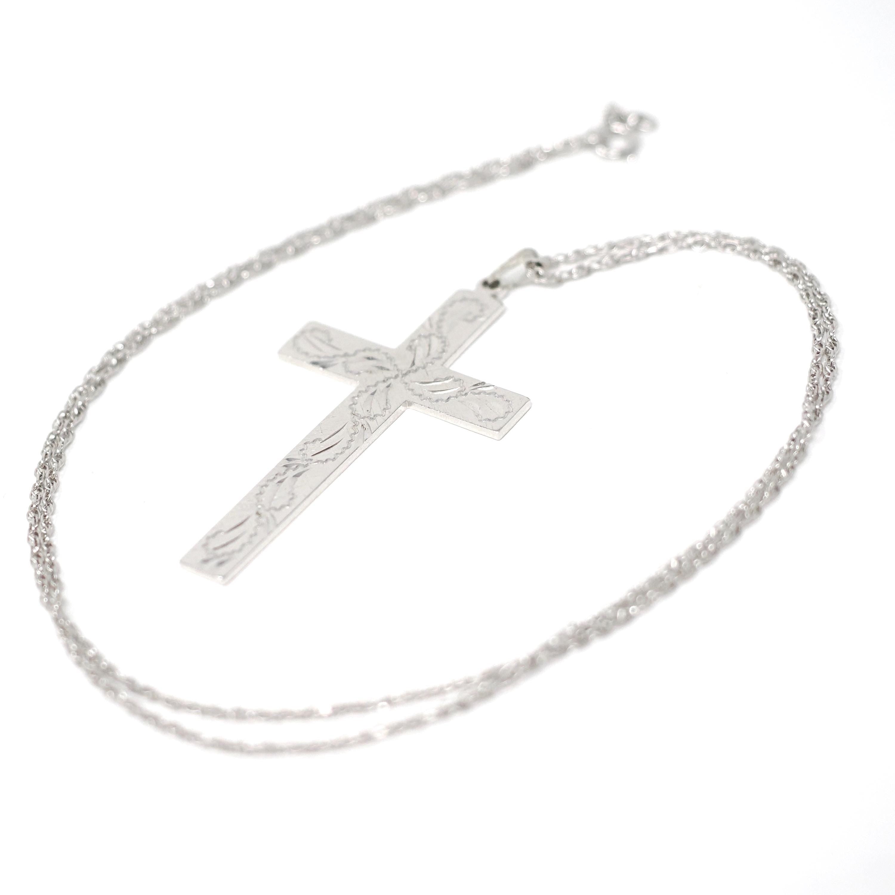 Vintage Cross Pendant - Retro Sterling Silver Religious Necklace - Circa 1970s Era Engraved Paisley Design Statement Crucifix 70s Jewelry