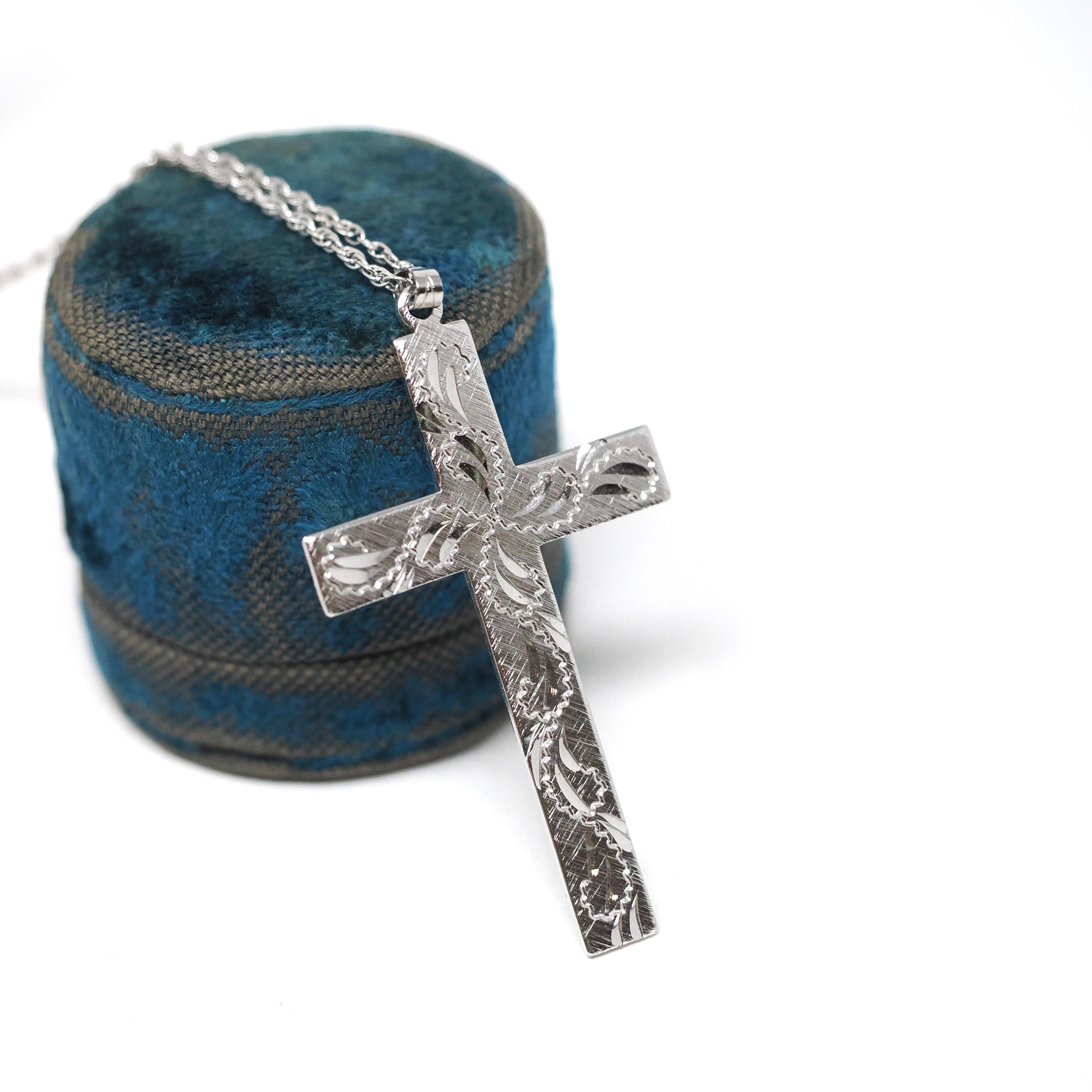Vintage Cross Pendant - Retro Sterling Silver Religious Necklace - Circa 1970s Era Engraved Paisley Design Statement Crucifix 70s Jewelry