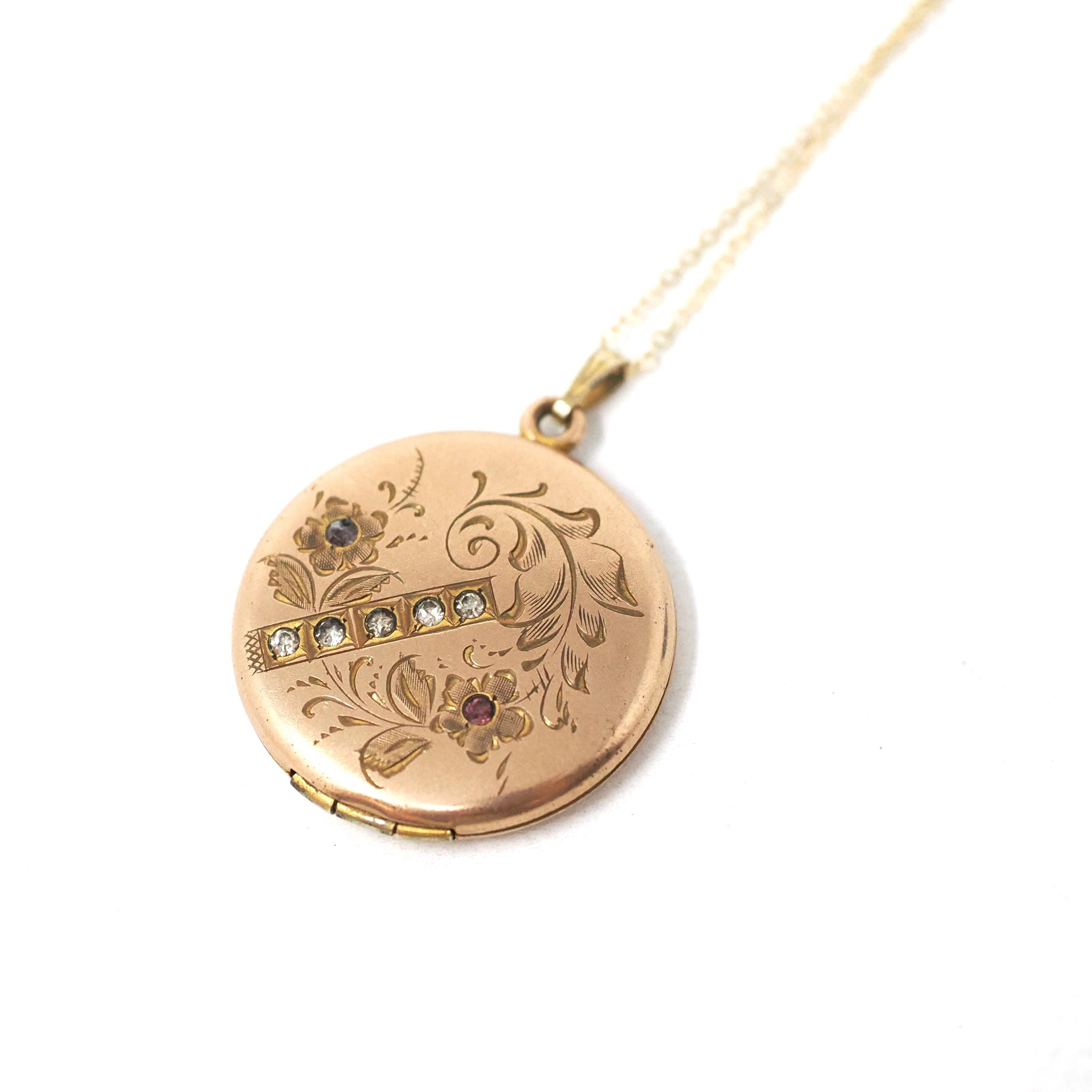 Antique Flower Locket - Edwardian Gold Filled Rhinestones Pendant Necklace - Circa 1900s Era Round Engraved Photograph Statement Jewelry